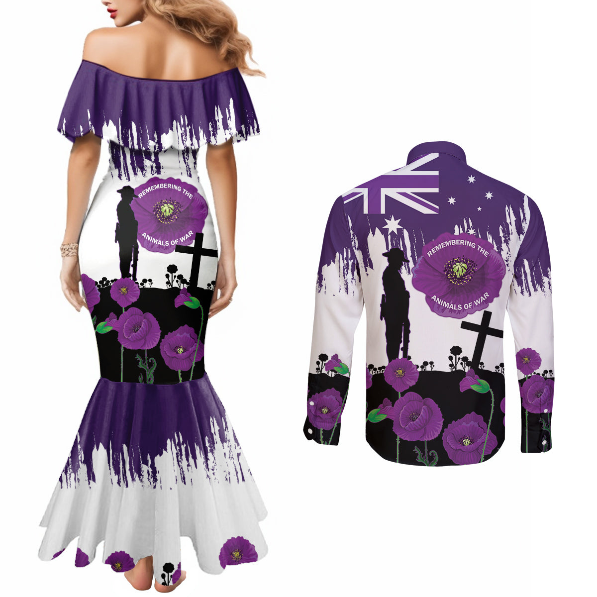 Australia Animal Heroes ANZAC Couples Matching Mermaid Dress and Long Sleeve Button Shirt Purple Poppy We Will Remember Them