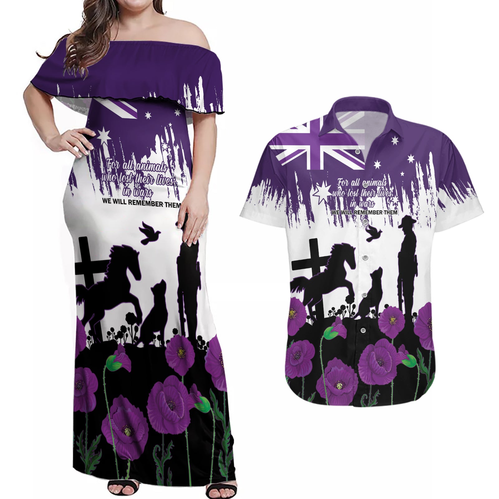 Australia Animal Heroes ANZAC Couples Matching Off Shoulder Maxi Dress and Hawaiian Shirt Purple Poppy We Will Remember Them