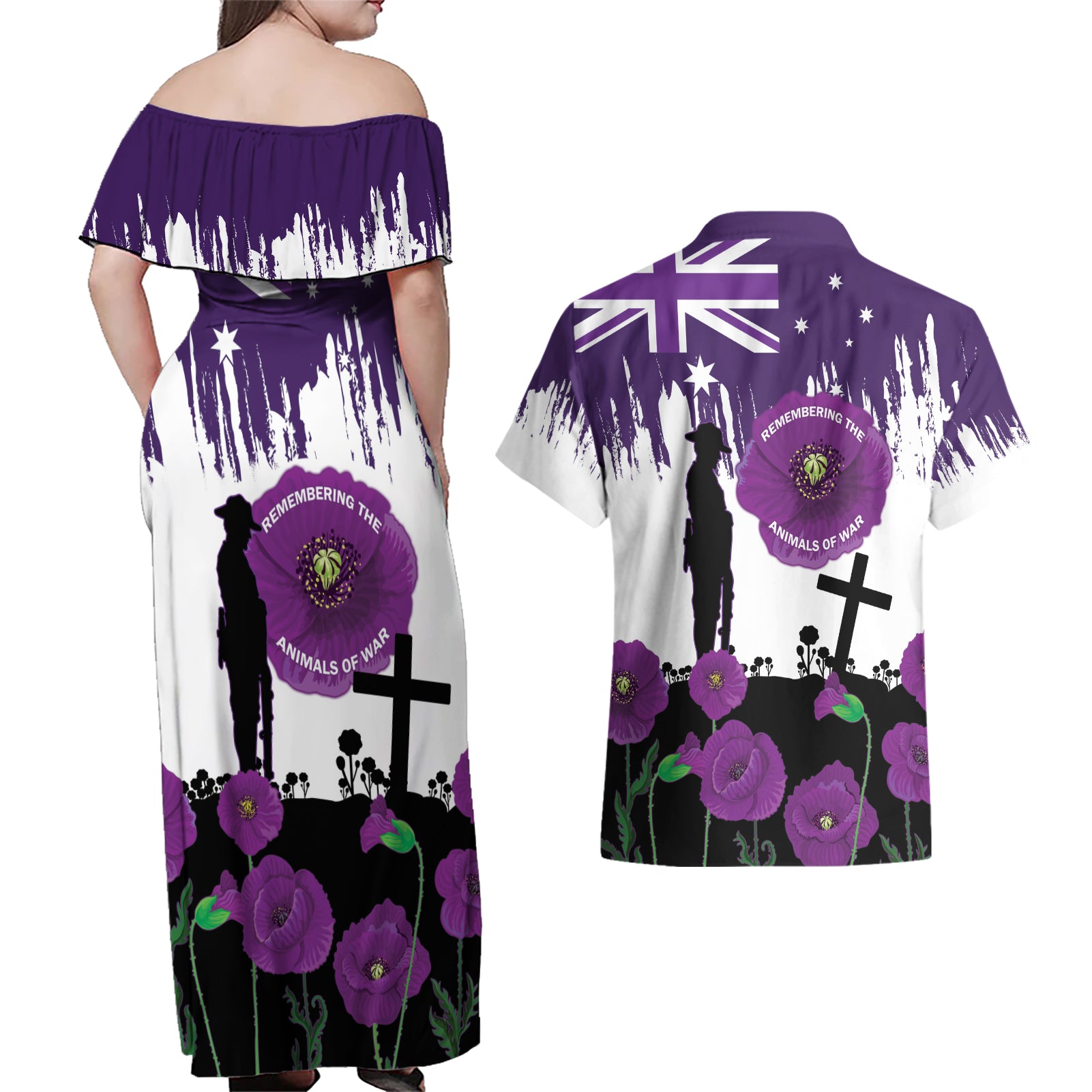 Australia Animal Heroes ANZAC Couples Matching Off Shoulder Maxi Dress and Hawaiian Shirt Purple Poppy We Will Remember Them