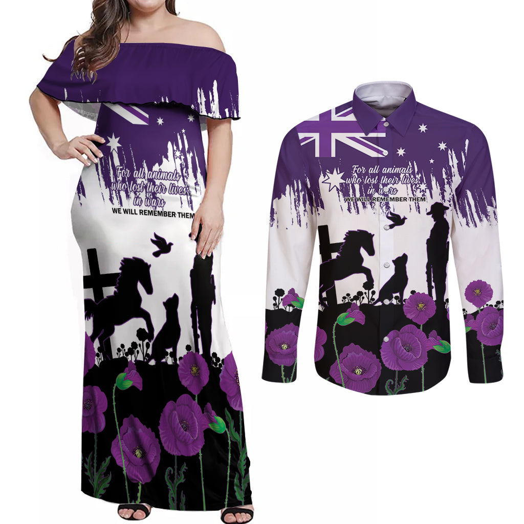 Australia Animal Heroes ANZAC Couples Matching Off Shoulder Maxi Dress and Long Sleeve Button Shirt Purple Poppy We Will Remember Them