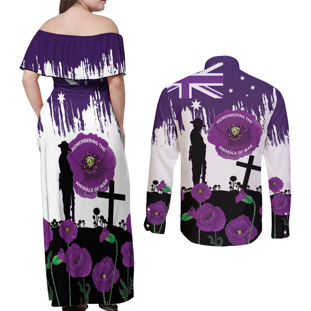 Australia Animal Heroes ANZAC Couples Matching Off Shoulder Maxi Dress and Long Sleeve Button Shirt Purple Poppy We Will Remember Them
