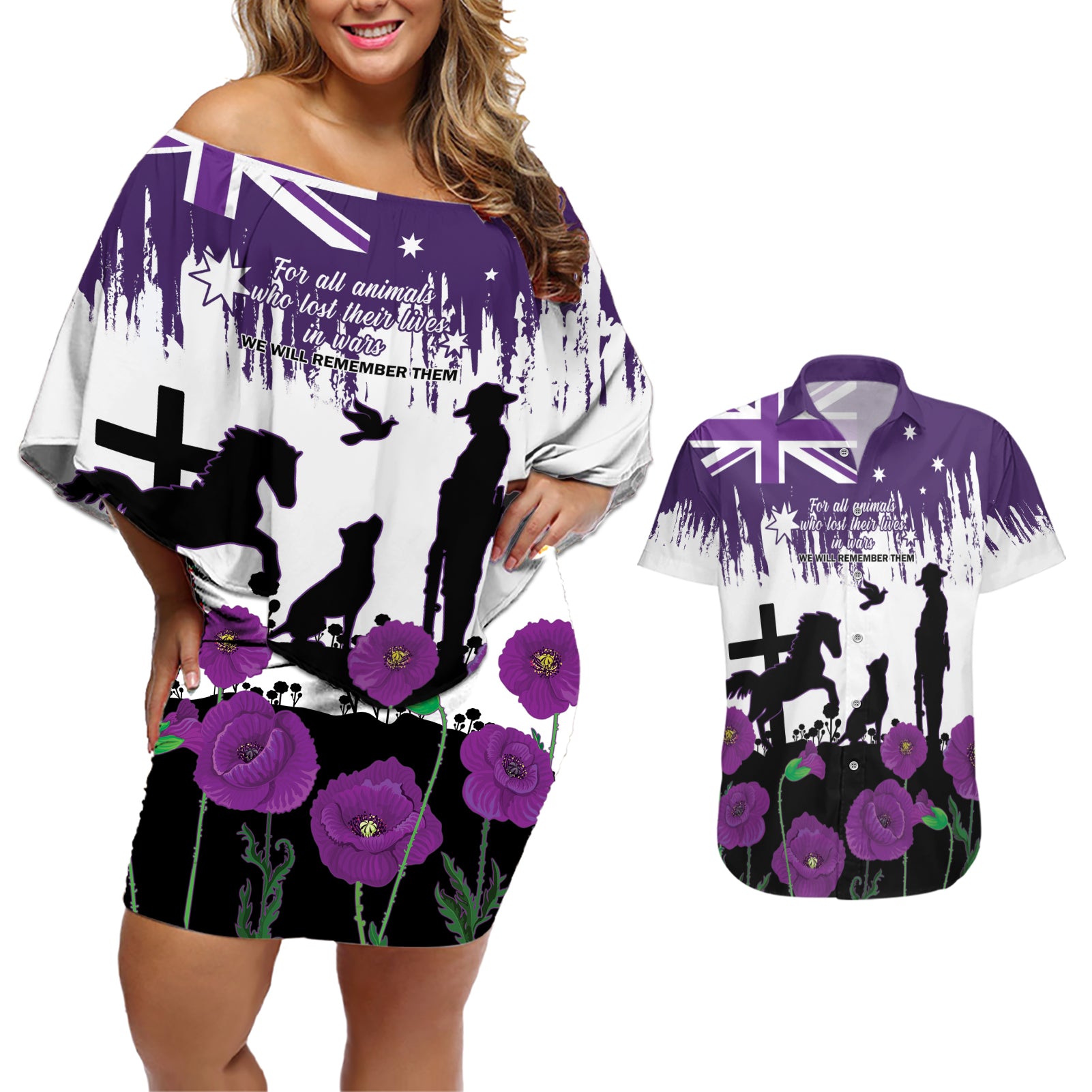 Australia Animal Heroes ANZAC Couples Matching Off Shoulder Short Dress and Hawaiian Shirt Purple Poppy We Will Remember Them