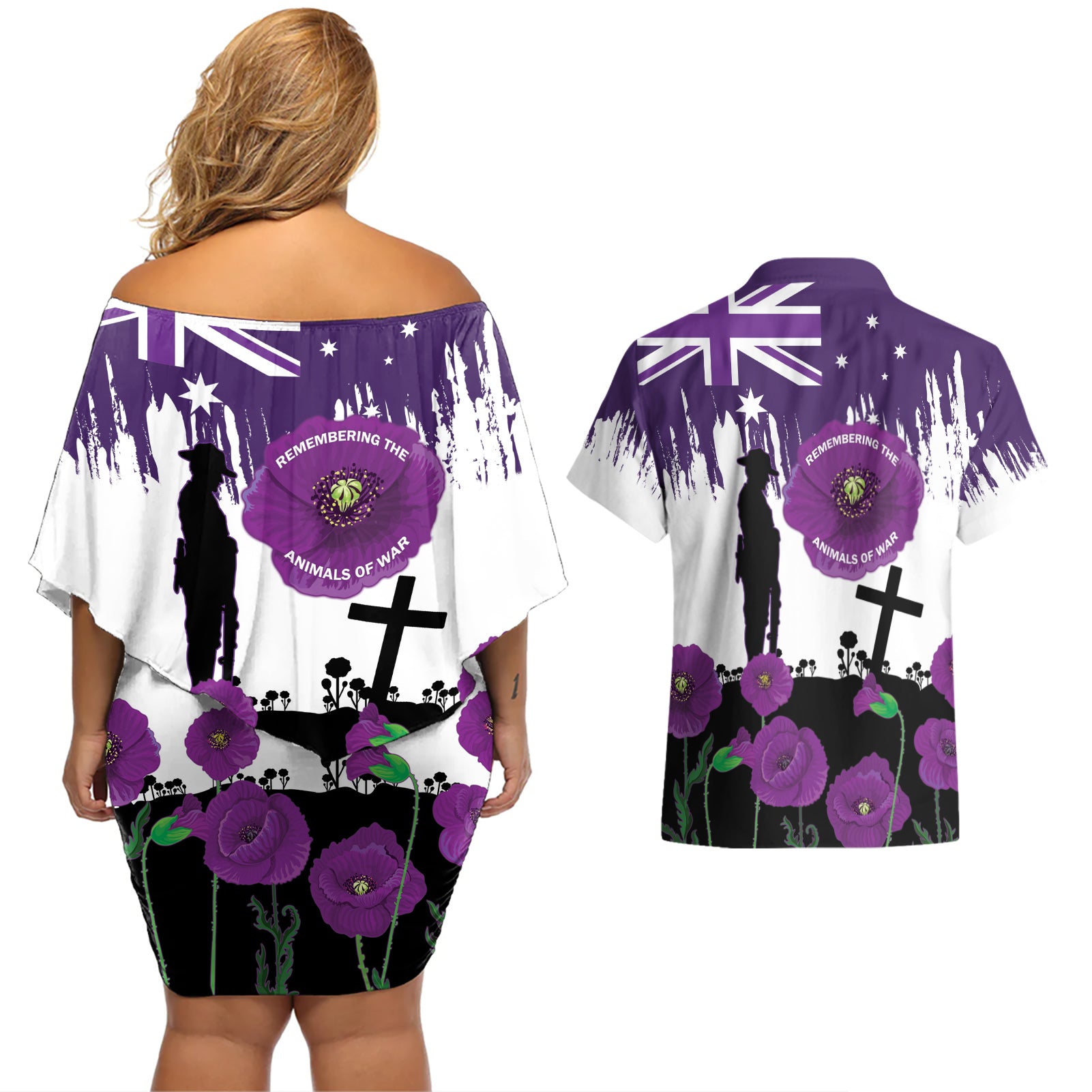 Australia Animal Heroes ANZAC Couples Matching Off Shoulder Short Dress and Hawaiian Shirt Purple Poppy We Will Remember Them