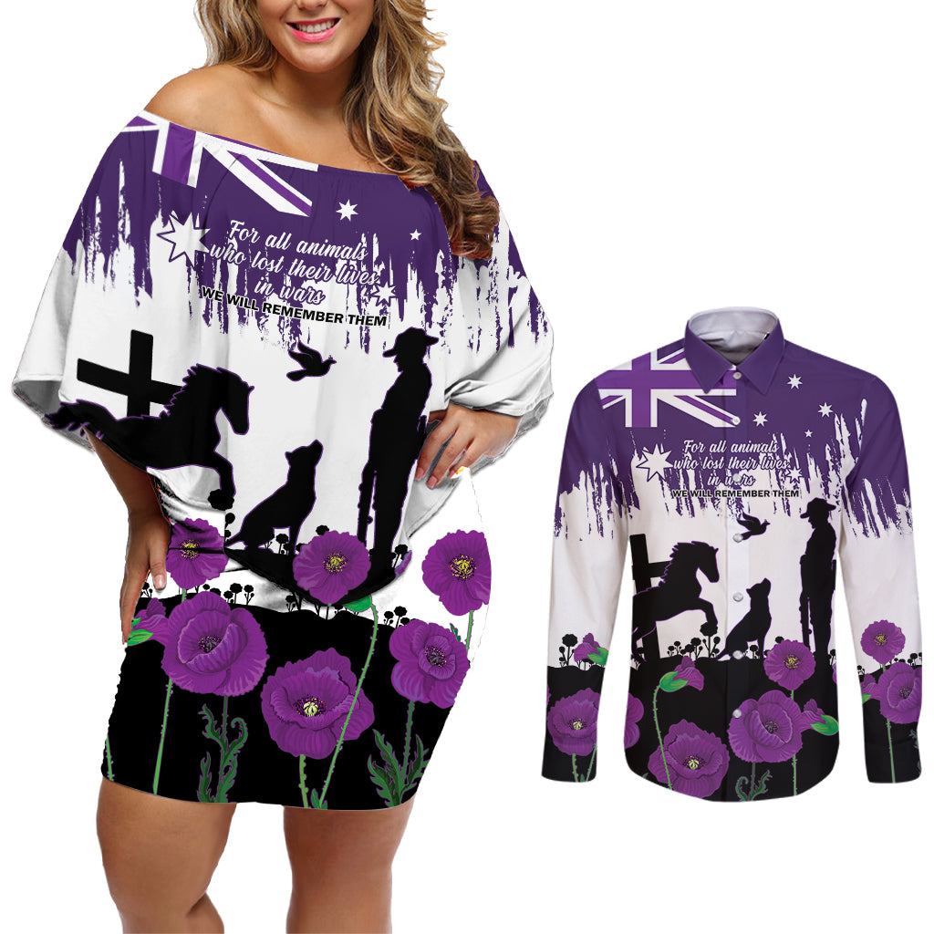 Australia Animal Heroes ANZAC Couples Matching Off Shoulder Short Dress and Long Sleeve Button Shirt Purple Poppy We Will Remember Them
