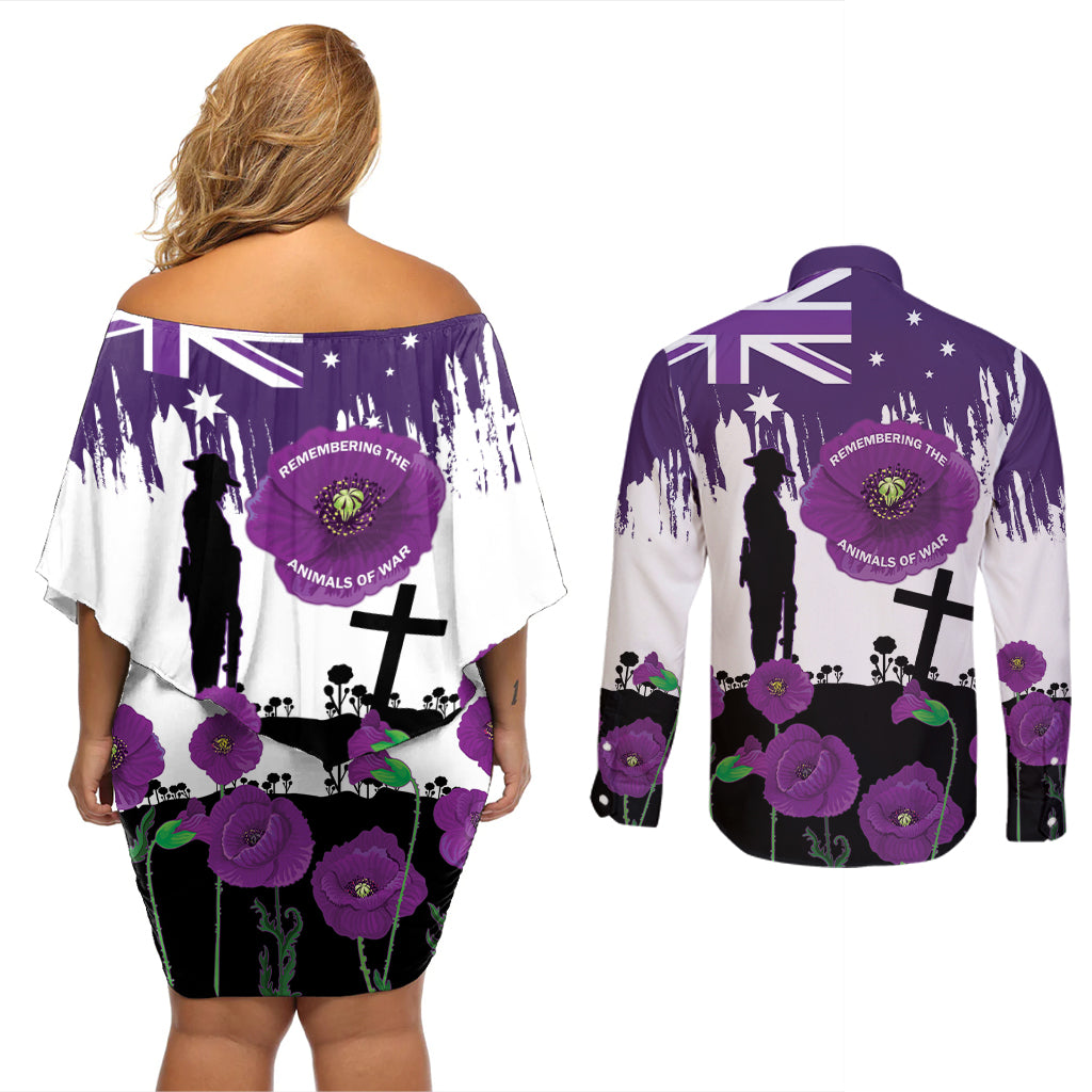 Australia Animal Heroes ANZAC Couples Matching Off Shoulder Short Dress and Long Sleeve Button Shirt Purple Poppy We Will Remember Them