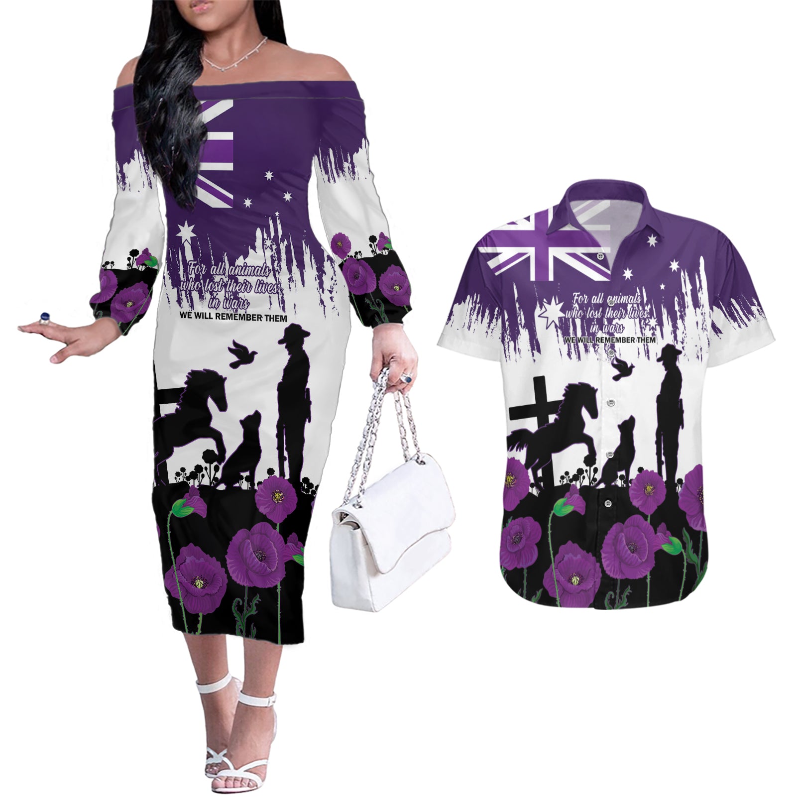 Australia Animal Heroes ANZAC Couples Matching Off The Shoulder Long Sleeve Dress and Hawaiian Shirt Purple Poppy We Will Remember Them