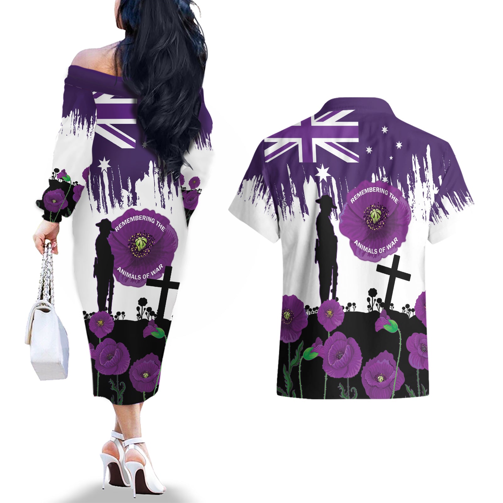 Australia Animal Heroes ANZAC Couples Matching Off The Shoulder Long Sleeve Dress and Hawaiian Shirt Purple Poppy We Will Remember Them