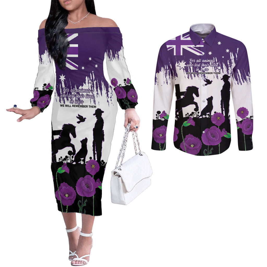 Australia Animal Heroes ANZAC Couples Matching Off The Shoulder Long Sleeve Dress and Long Sleeve Button Shirt Purple Poppy We Will Remember Them