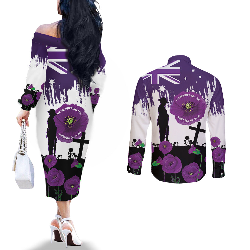 Australia Animal Heroes ANZAC Couples Matching Off The Shoulder Long Sleeve Dress and Long Sleeve Button Shirt Purple Poppy We Will Remember Them