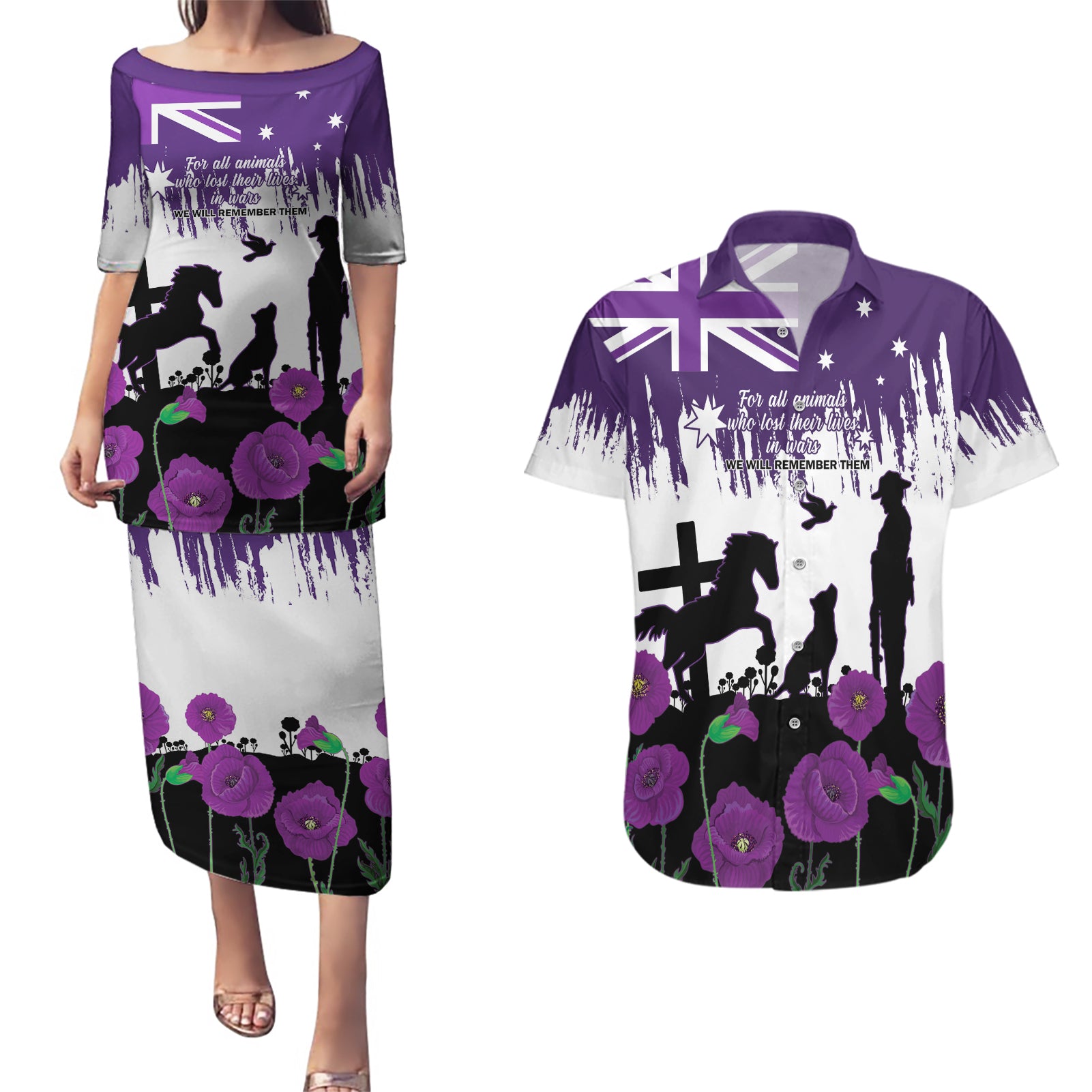 Australia Animal Heroes ANZAC Couples Matching Puletasi and Hawaiian Shirt Purple Poppy We Will Remember Them
