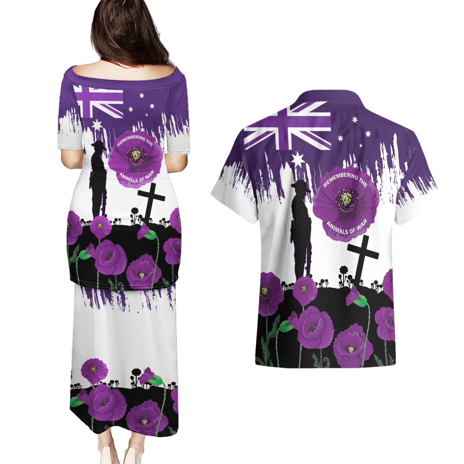 Australia Animal Heroes ANZAC Couples Matching Puletasi and Hawaiian Shirt Purple Poppy We Will Remember Them