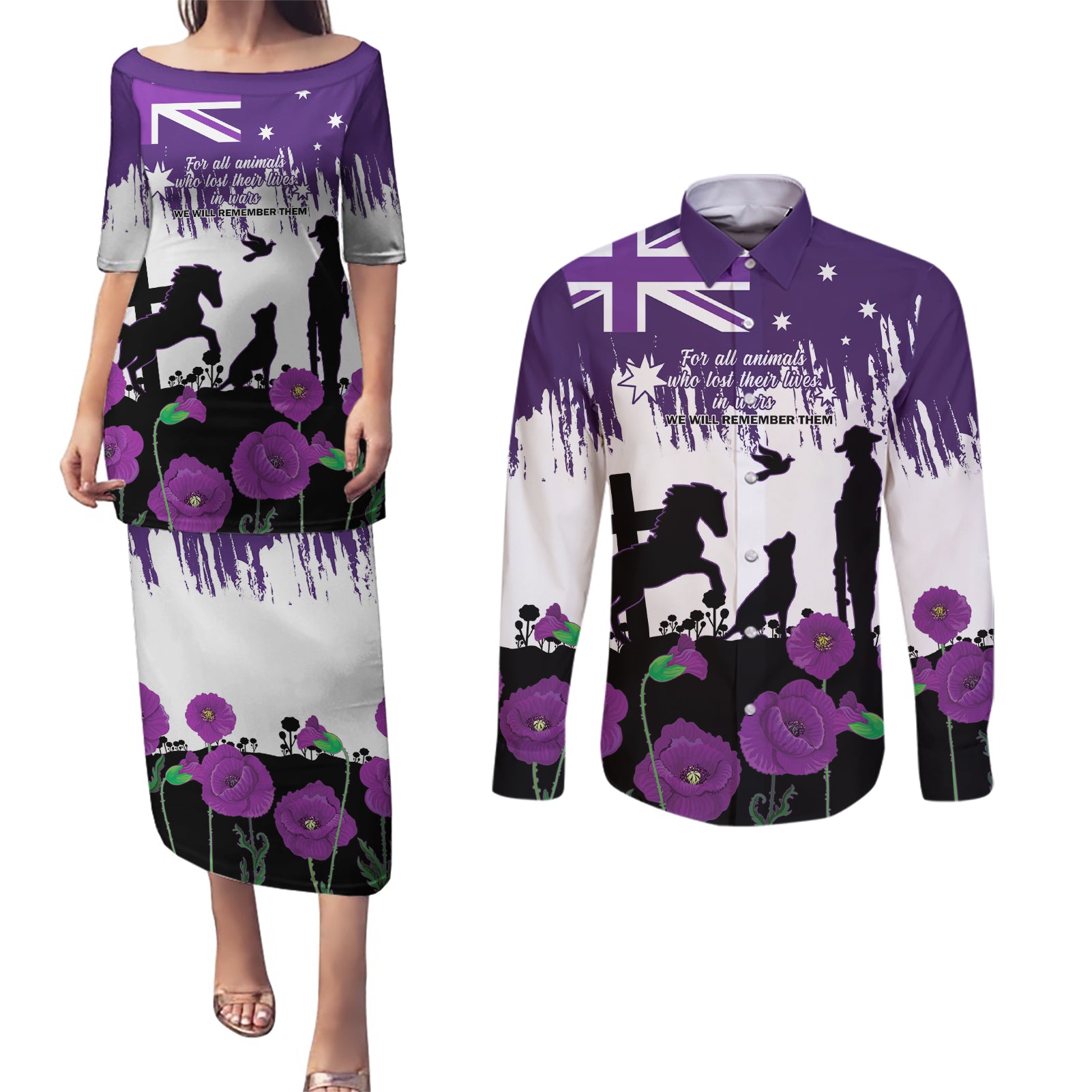Australia Animal Heroes ANZAC Couples Matching Puletasi and Long Sleeve Button Shirt Purple Poppy We Will Remember Them