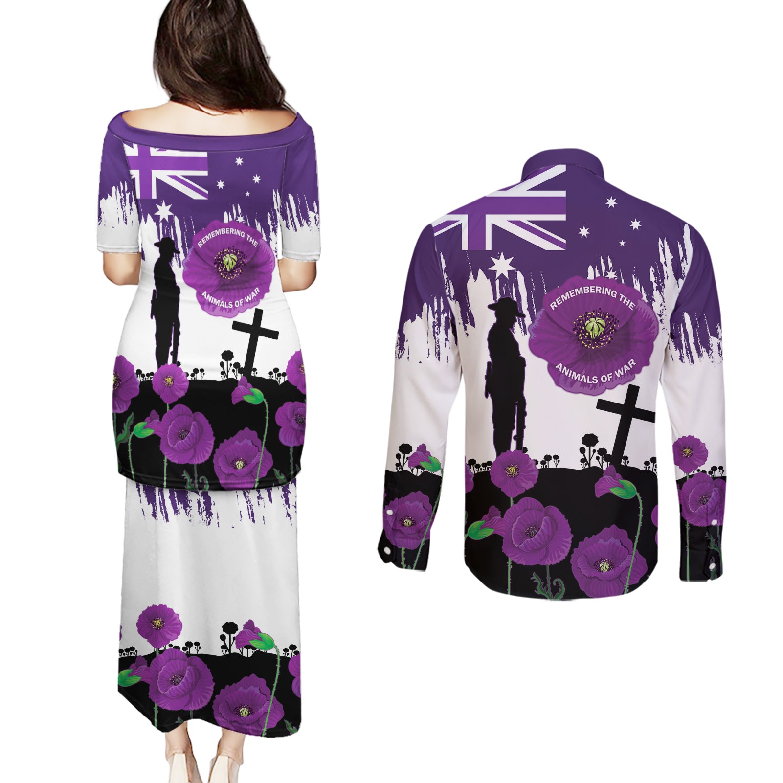 Australia Animal Heroes ANZAC Couples Matching Puletasi and Long Sleeve Button Shirt Purple Poppy We Will Remember Them