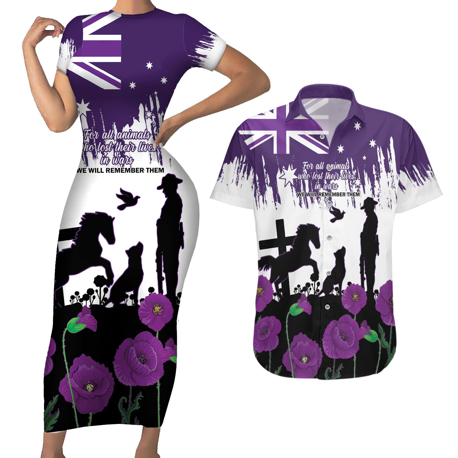Australia Animal Heroes ANZAC Couples Matching Short Sleeve Bodycon Dress and Hawaiian Shirt Purple Poppy We Will Remember Them