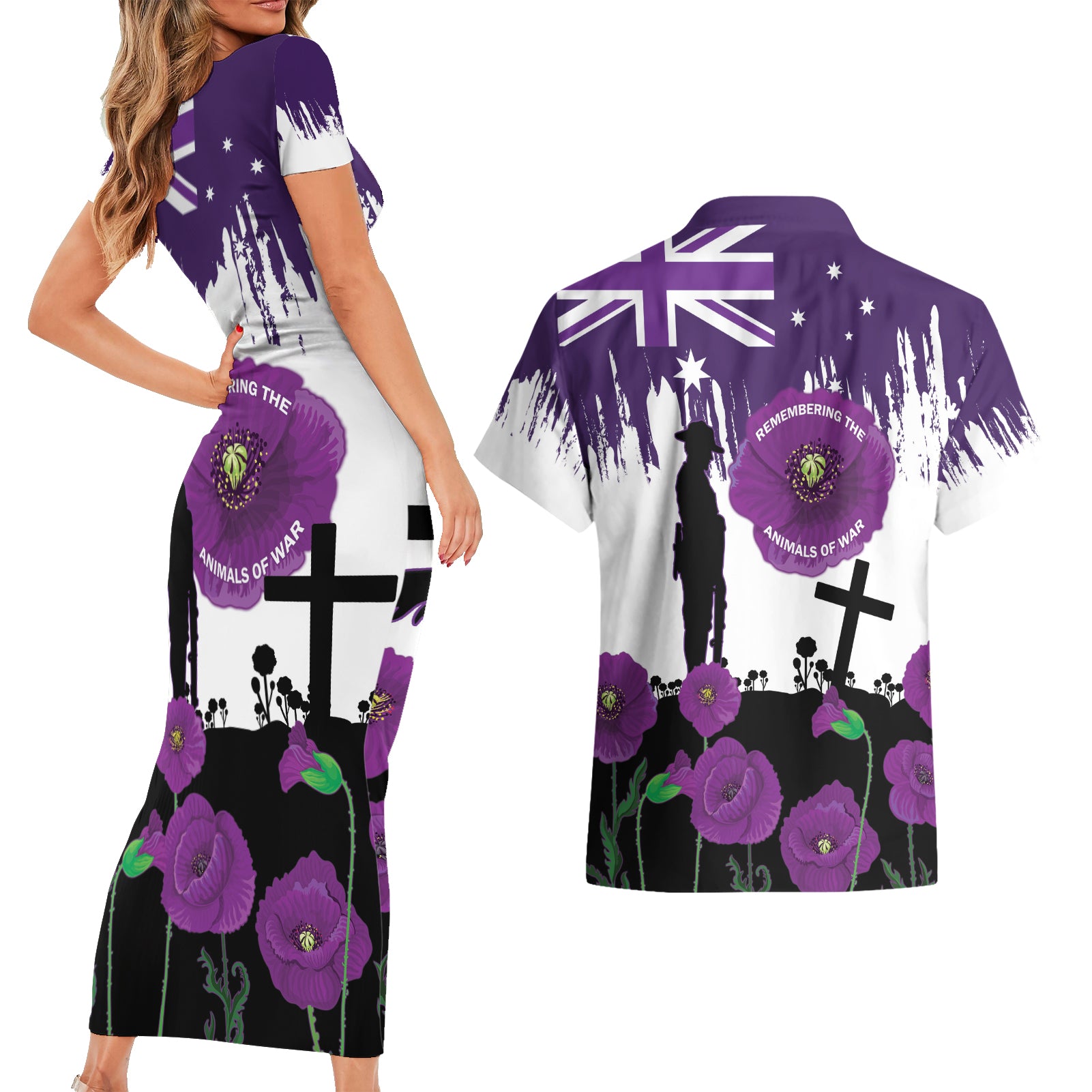 Australia Animal Heroes ANZAC Couples Matching Short Sleeve Bodycon Dress and Hawaiian Shirt Purple Poppy We Will Remember Them