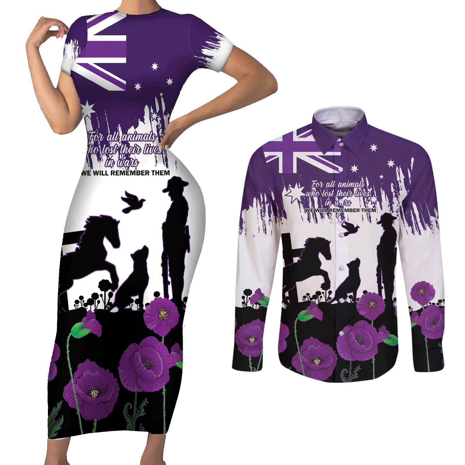 Australia Animal Heroes ANZAC Couples Matching Short Sleeve Bodycon Dress and Long Sleeve Button Shirt Purple Poppy We Will Remember Them