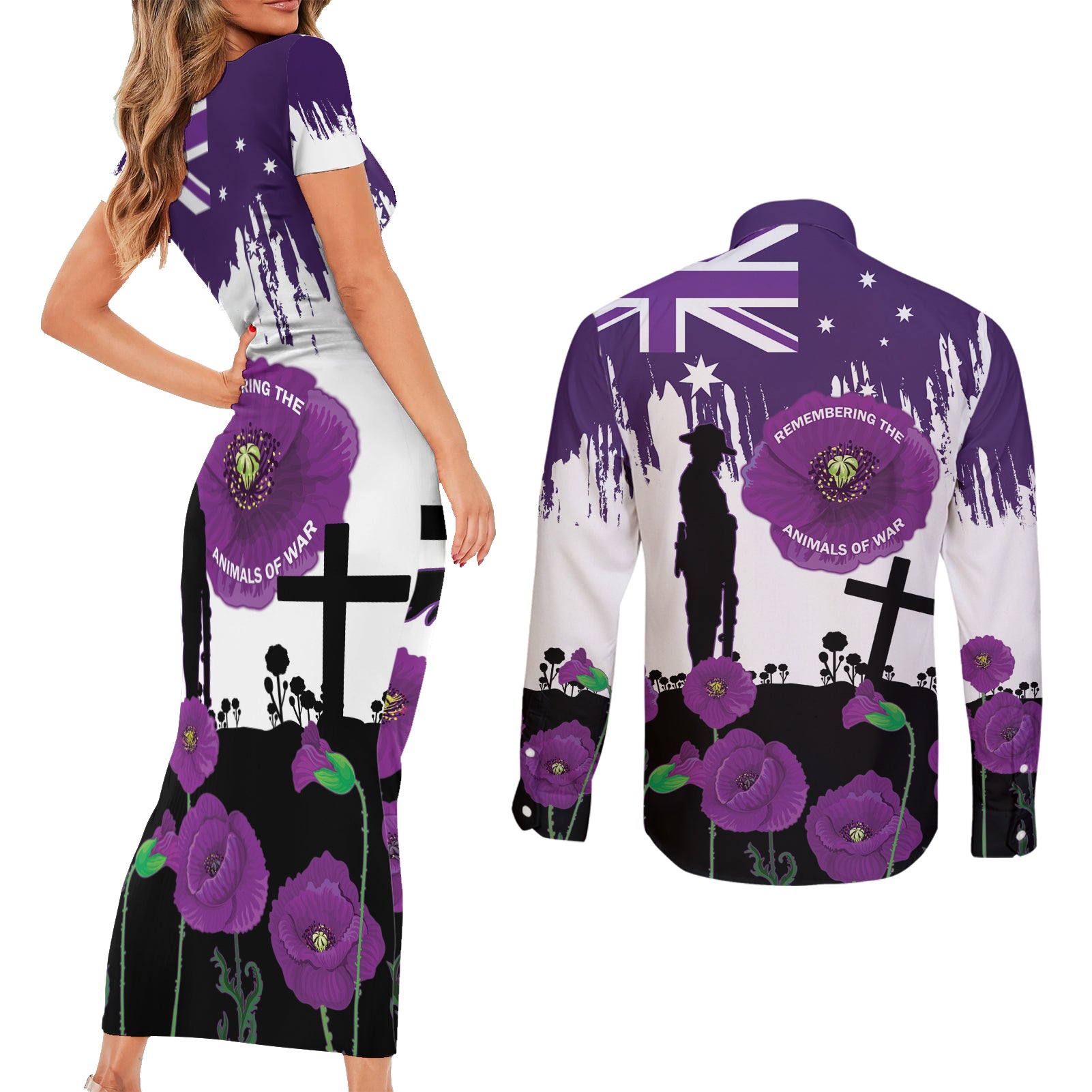 Australia Animal Heroes ANZAC Couples Matching Short Sleeve Bodycon Dress and Long Sleeve Button Shirt Purple Poppy We Will Remember Them