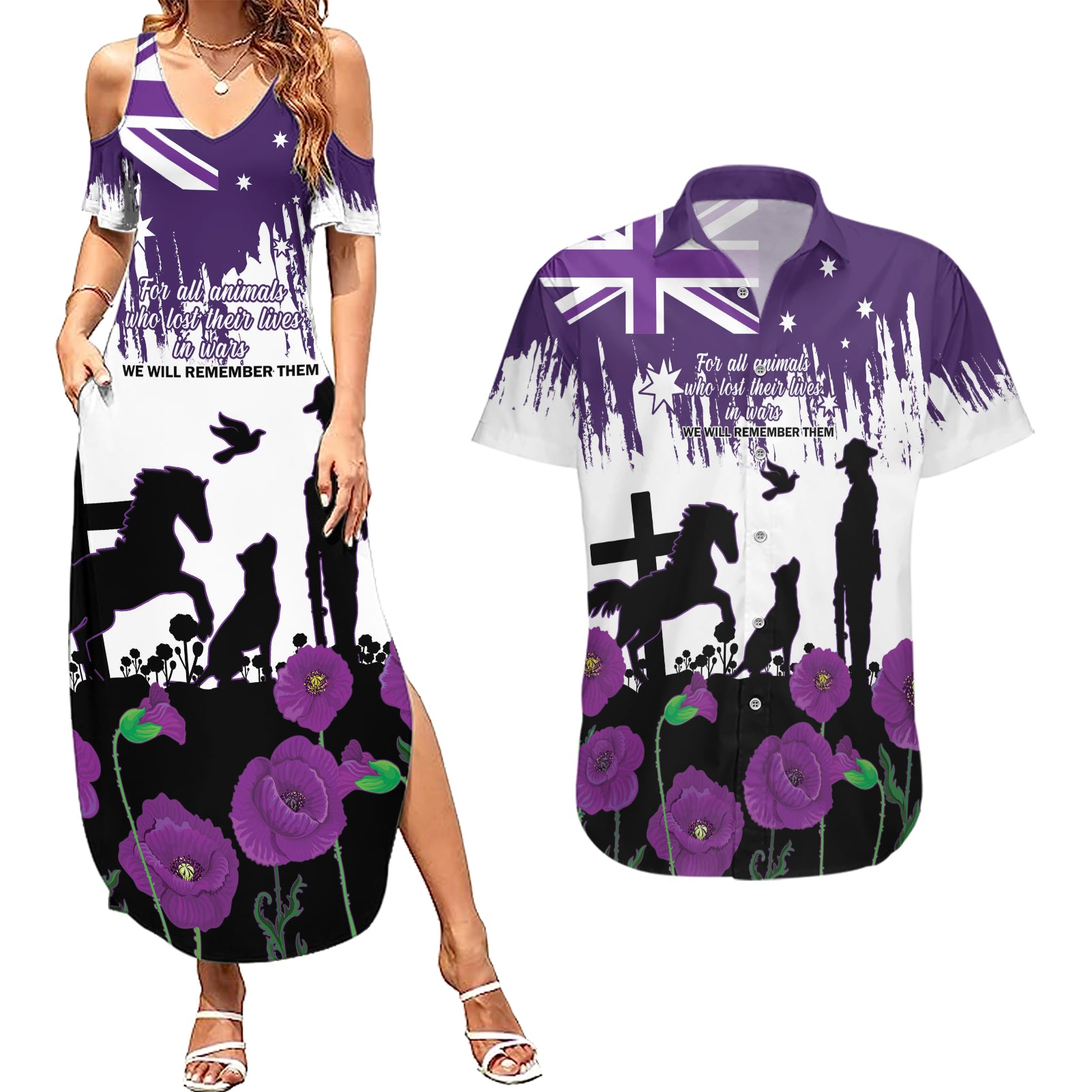 Australia Animal Heroes ANZAC Couples Matching Summer Maxi Dress and Hawaiian Shirt Purple Poppy We Will Remember Them