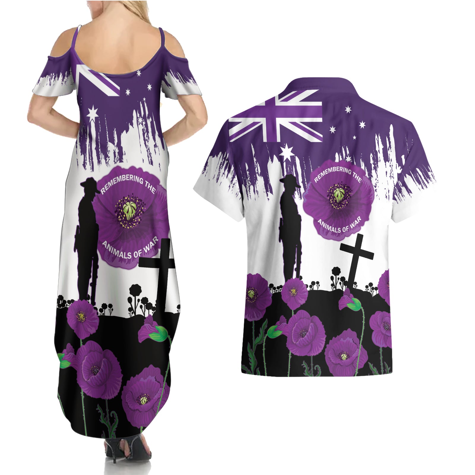 Australia Animal Heroes ANZAC Couples Matching Summer Maxi Dress and Hawaiian Shirt Purple Poppy We Will Remember Them