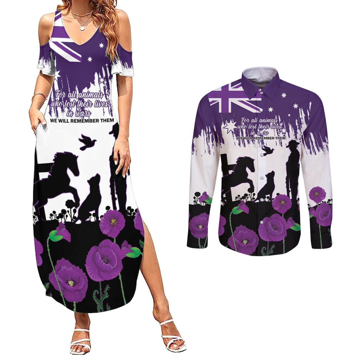 Australia Animal Heroes ANZAC Couples Matching Summer Maxi Dress and Long Sleeve Button Shirt Purple Poppy We Will Remember Them