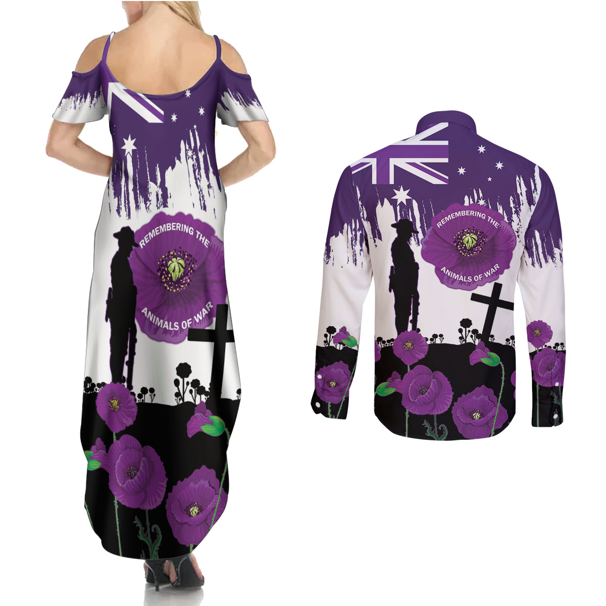 Australia Animal Heroes ANZAC Couples Matching Summer Maxi Dress and Long Sleeve Button Shirt Purple Poppy We Will Remember Them