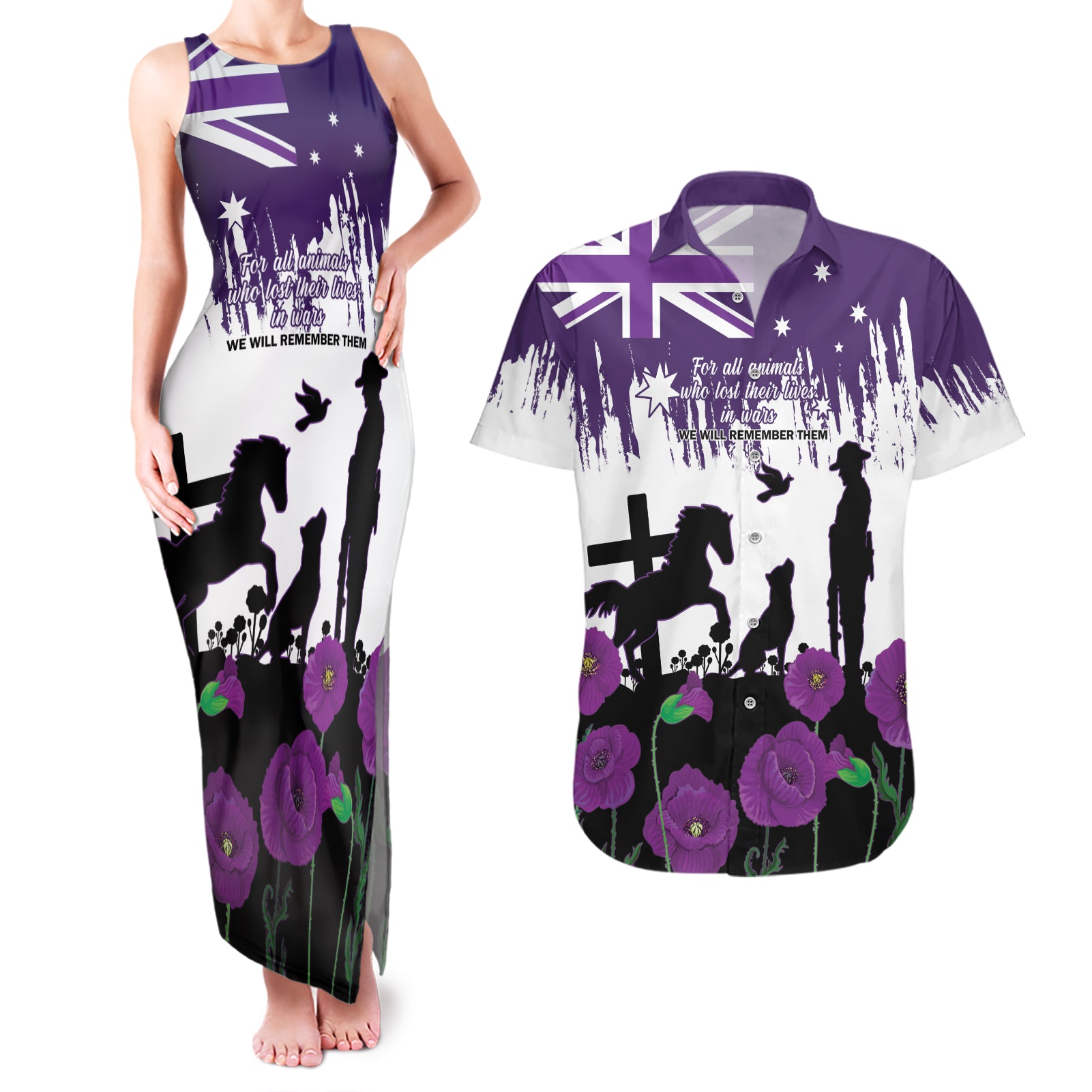 Australia Animal Heroes ANZAC Couples Matching Tank Maxi Dress and Hawaiian Shirt Purple Poppy We Will Remember Them