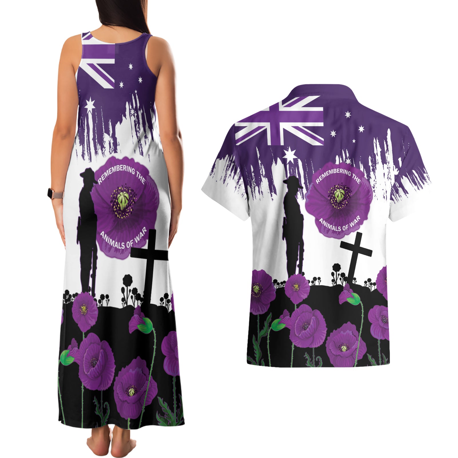 Australia Animal Heroes ANZAC Couples Matching Tank Maxi Dress and Hawaiian Shirt Purple Poppy We Will Remember Them
