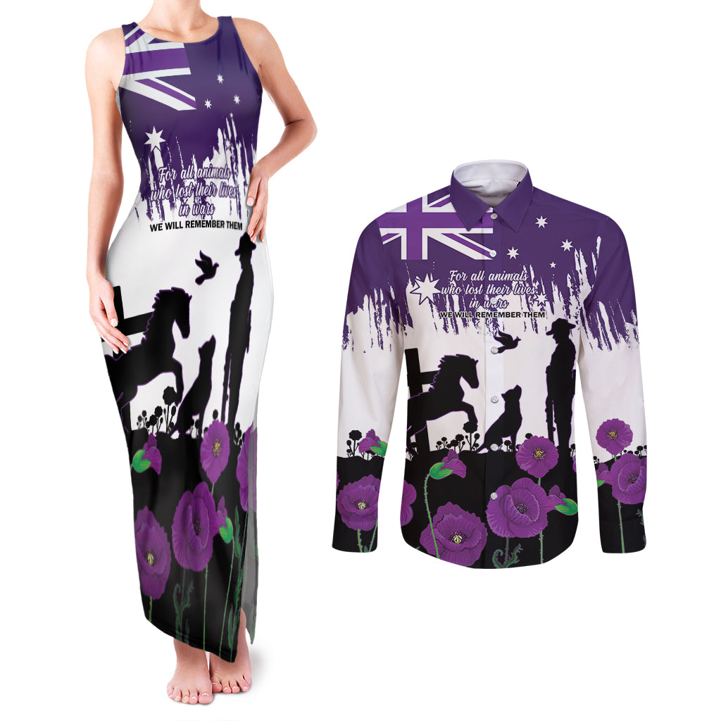 Australia Animal Heroes ANZAC Couples Matching Tank Maxi Dress and Long Sleeve Button Shirt Purple Poppy We Will Remember Them