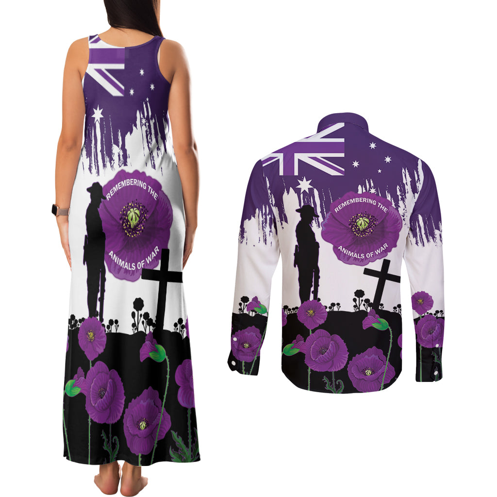 Australia Animal Heroes ANZAC Couples Matching Tank Maxi Dress and Long Sleeve Button Shirt Purple Poppy We Will Remember Them