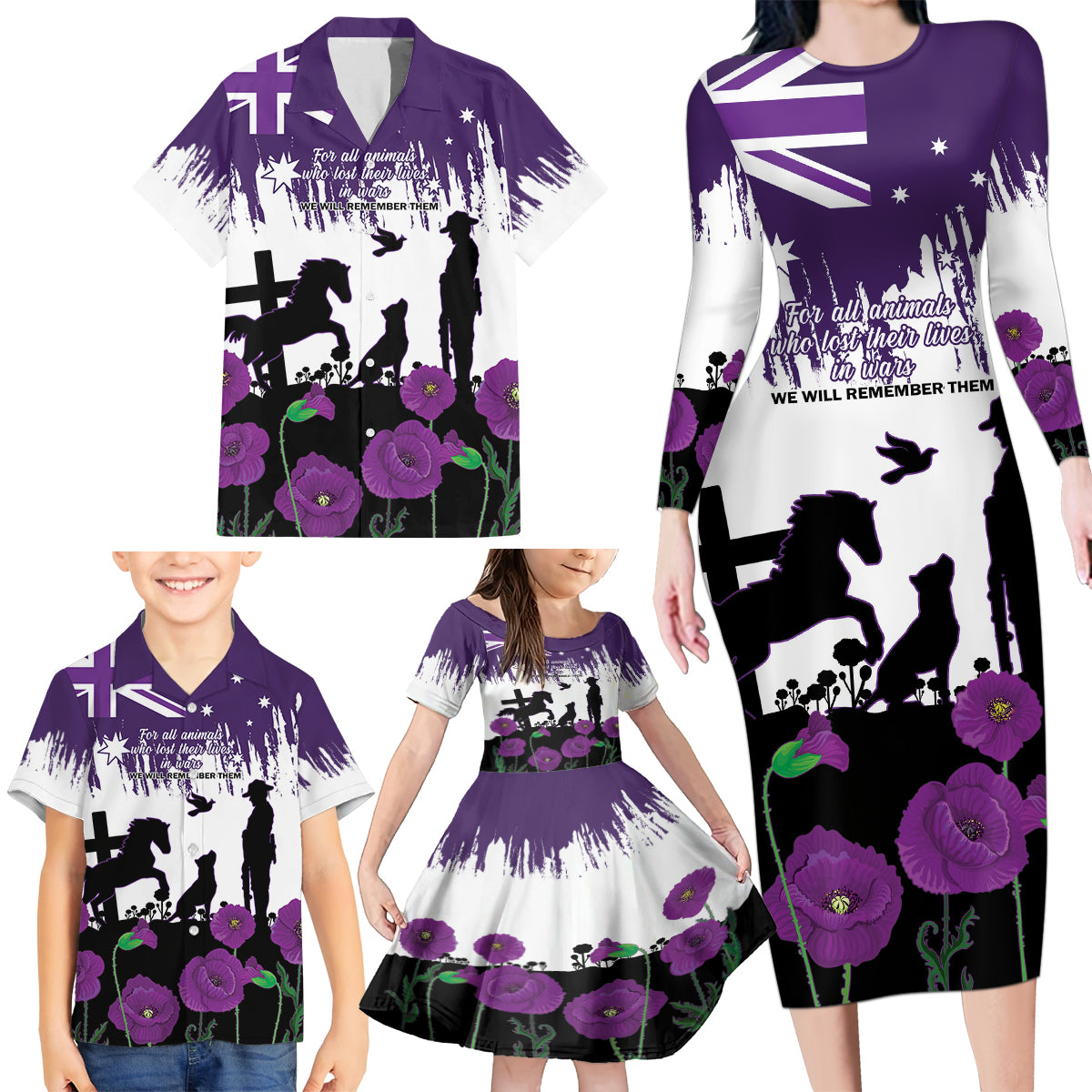 Australia Animal Heroes ANZAC Family Matching Long Sleeve Bodycon Dress and Hawaiian Shirt Purple Poppy We Will Remember Them