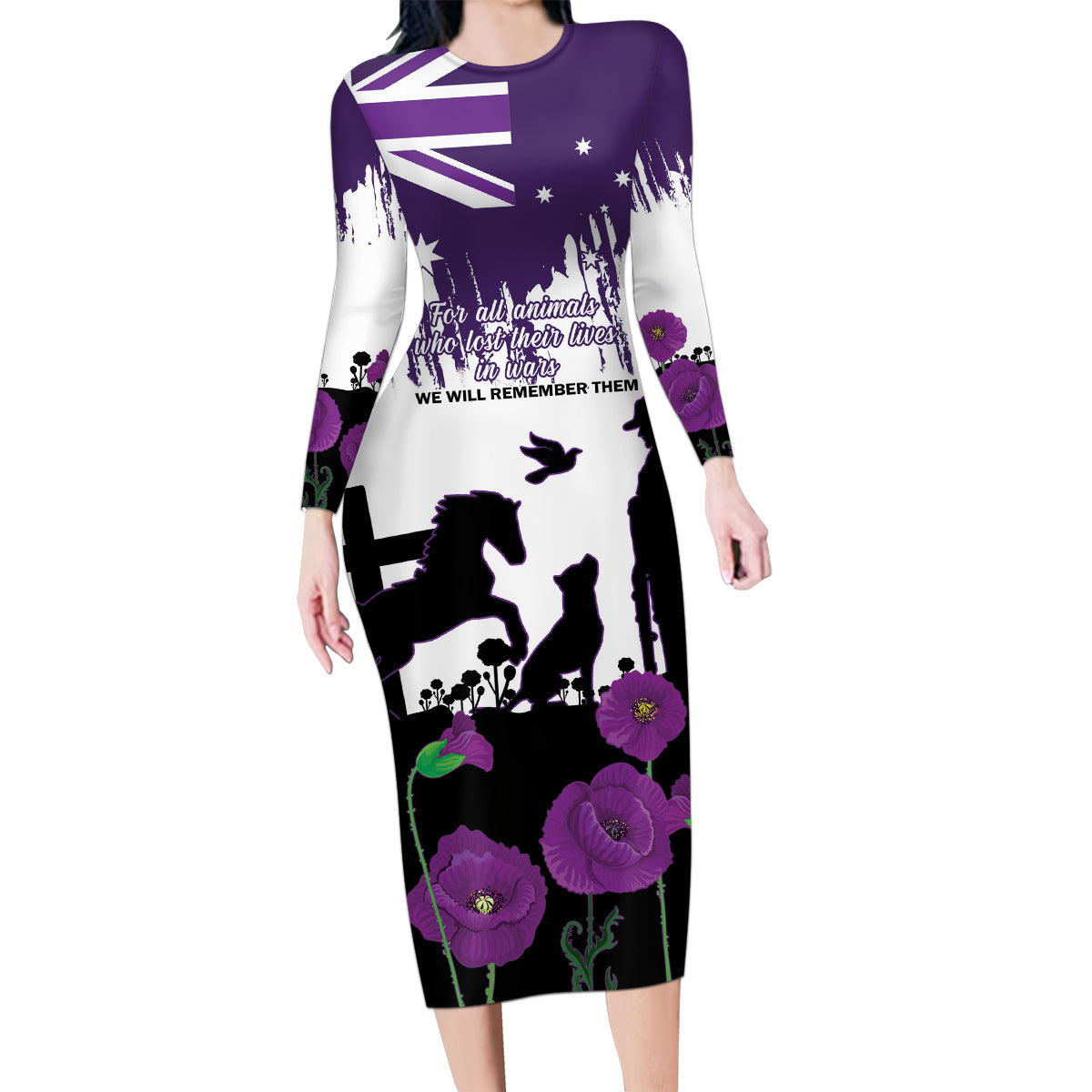 Australia Animal Heroes ANZAC Family Matching Long Sleeve Bodycon Dress and Hawaiian Shirt Purple Poppy We Will Remember Them
