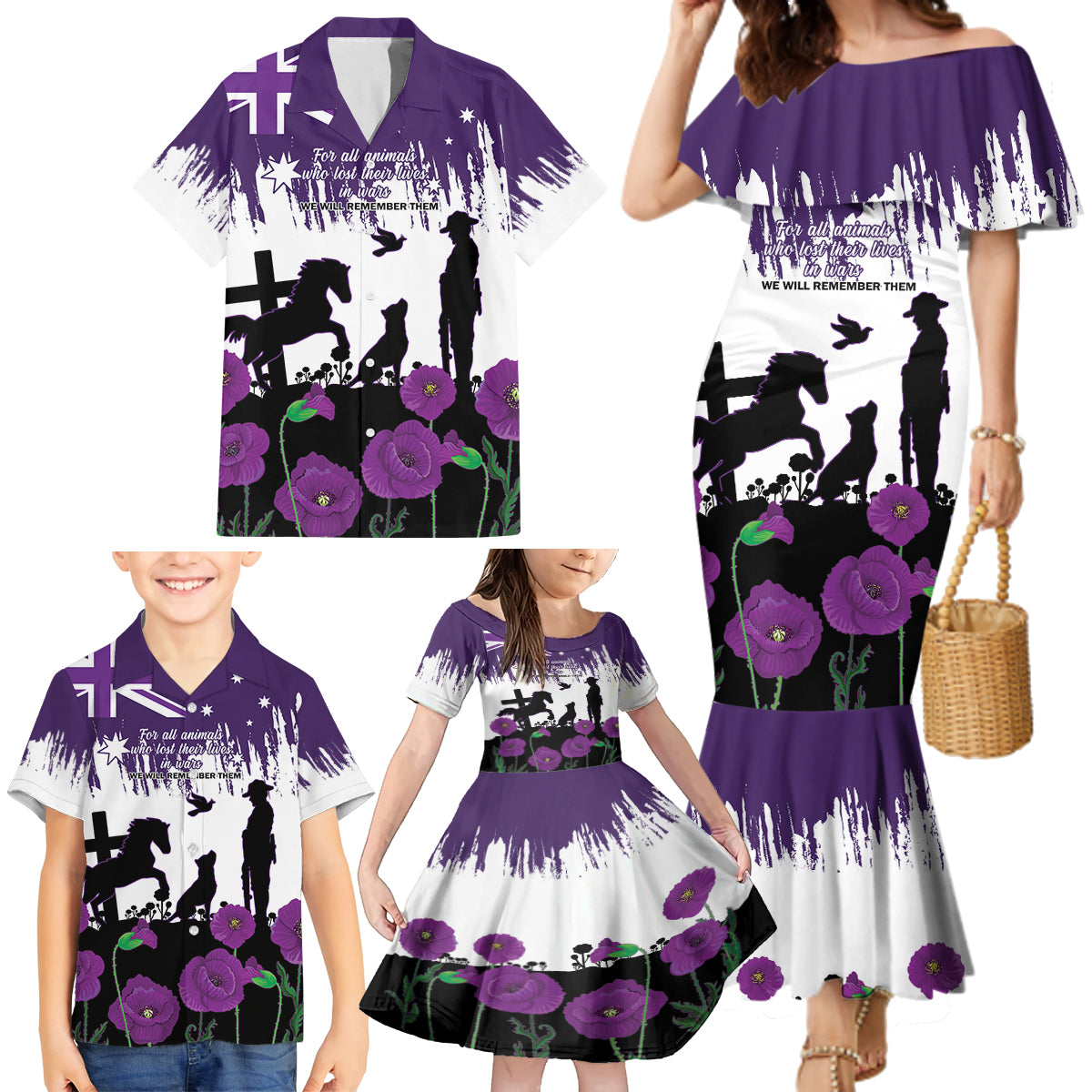 Australia Animal Heroes ANZAC Family Matching Mermaid Dress and Hawaiian Shirt Purple Poppy We Will Remember Them