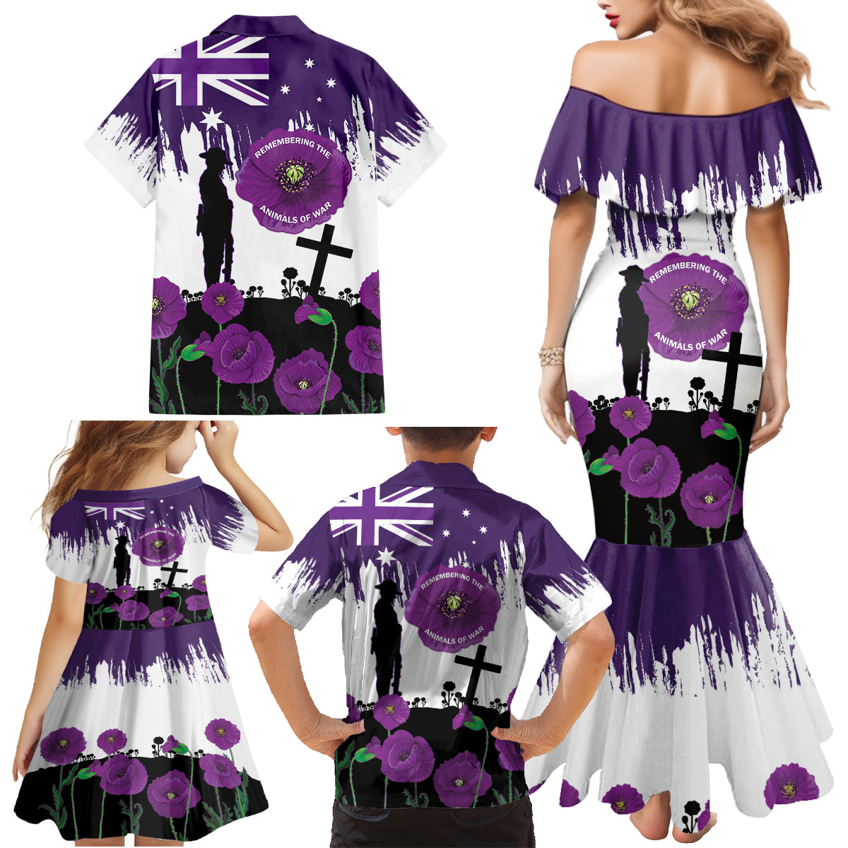 Australia Animal Heroes ANZAC Family Matching Mermaid Dress and Hawaiian Shirt Purple Poppy We Will Remember Them