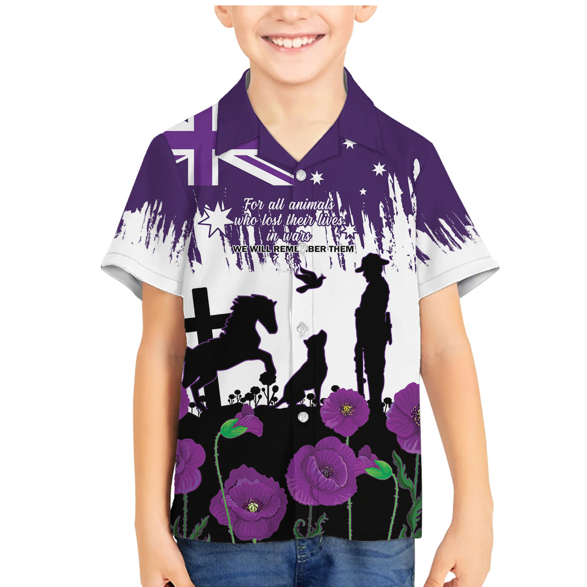 Australia Animal Heroes ANZAC Family Matching Mermaid Dress and Hawaiian Shirt Purple Poppy We Will Remember Them
