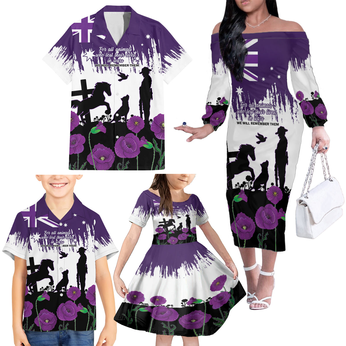 Australia Animal Heroes ANZAC Family Matching Off The Shoulder Long Sleeve Dress and Hawaiian Shirt Purple Poppy We Will Remember Them
