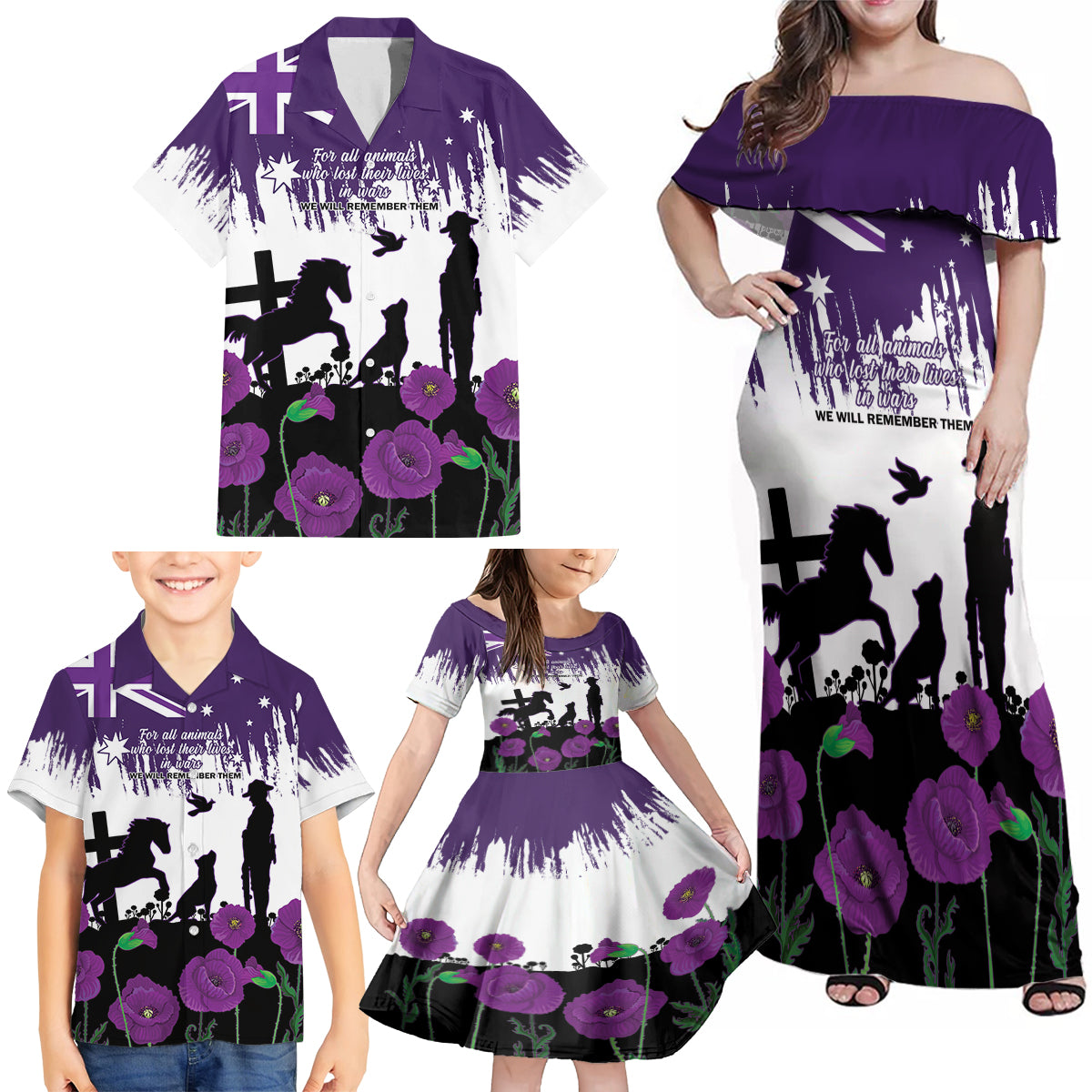 Australia Animal Heroes ANZAC Family Matching Off Shoulder Maxi Dress and Hawaiian Shirt Purple Poppy We Will Remember Them