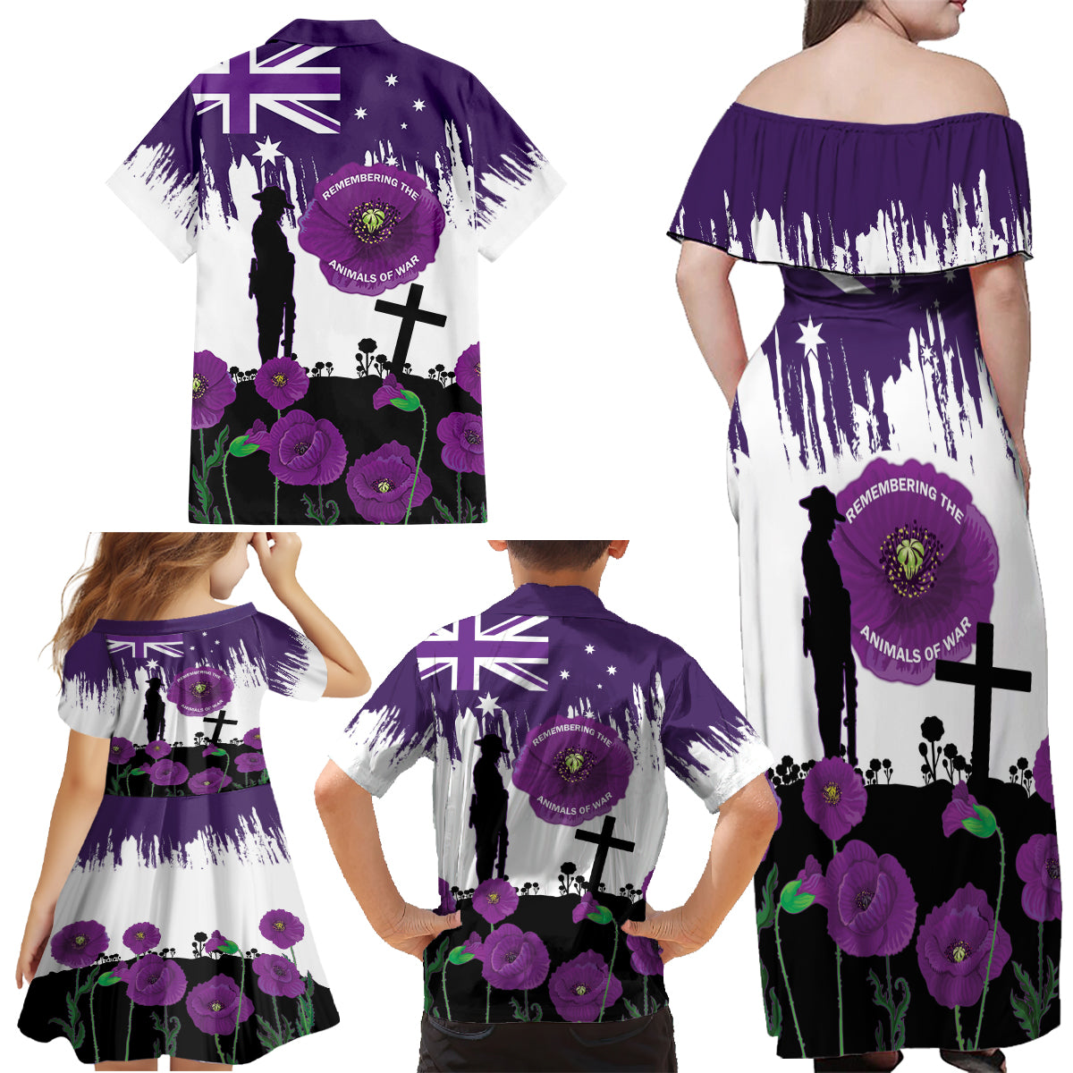 Australia Animal Heroes ANZAC Family Matching Off Shoulder Maxi Dress and Hawaiian Shirt Purple Poppy We Will Remember Them