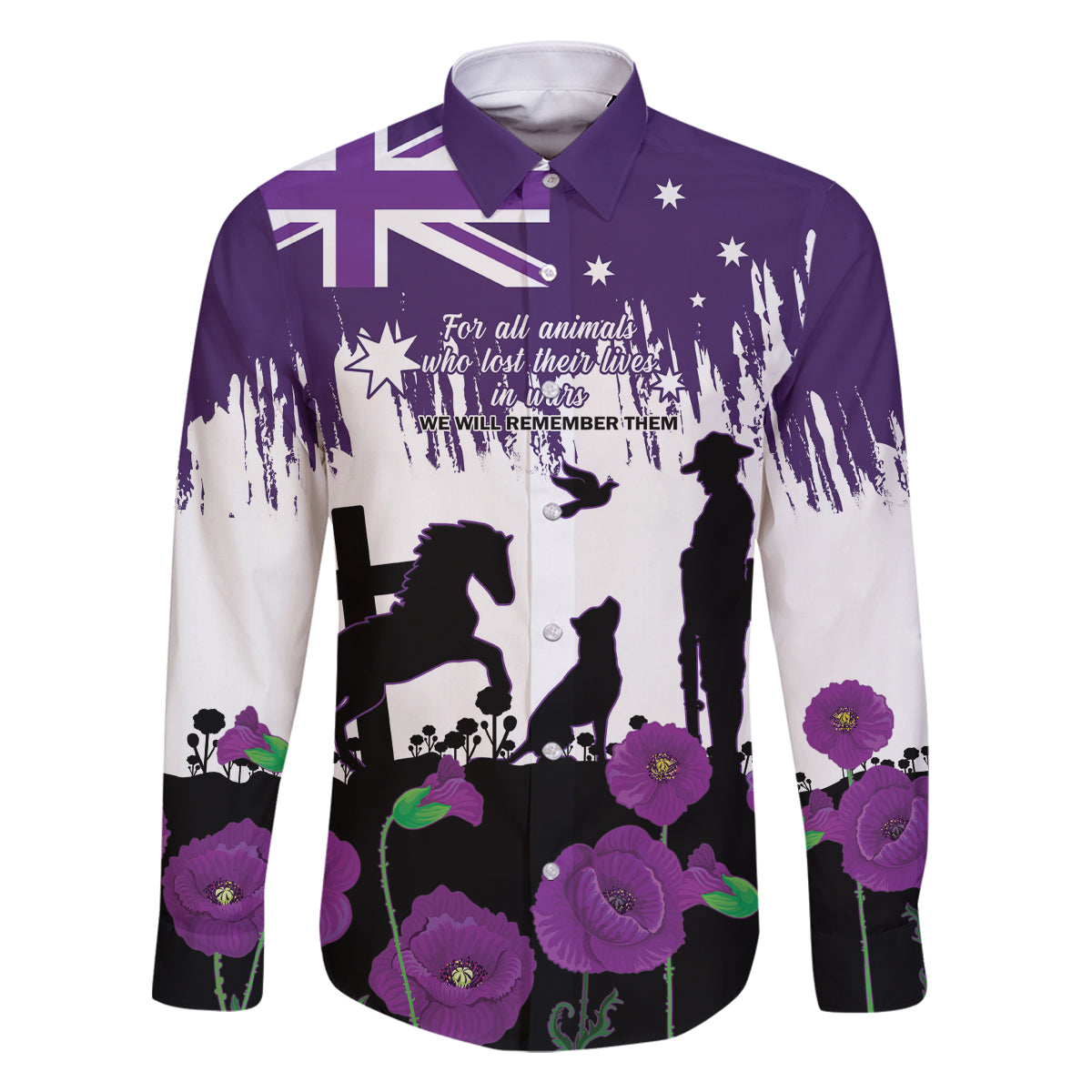 Australia Animal Heroes ANZAC Family Matching Off Shoulder Maxi Dress and Hawaiian Shirt Purple Poppy We Will Remember Them