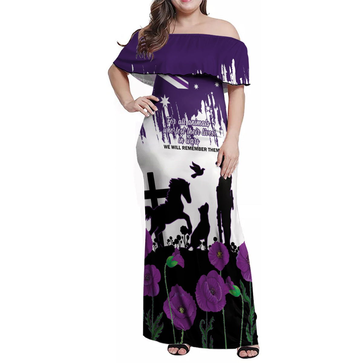 Australia Animal Heroes ANZAC Family Matching Off Shoulder Maxi Dress and Hawaiian Shirt Purple Poppy We Will Remember Them