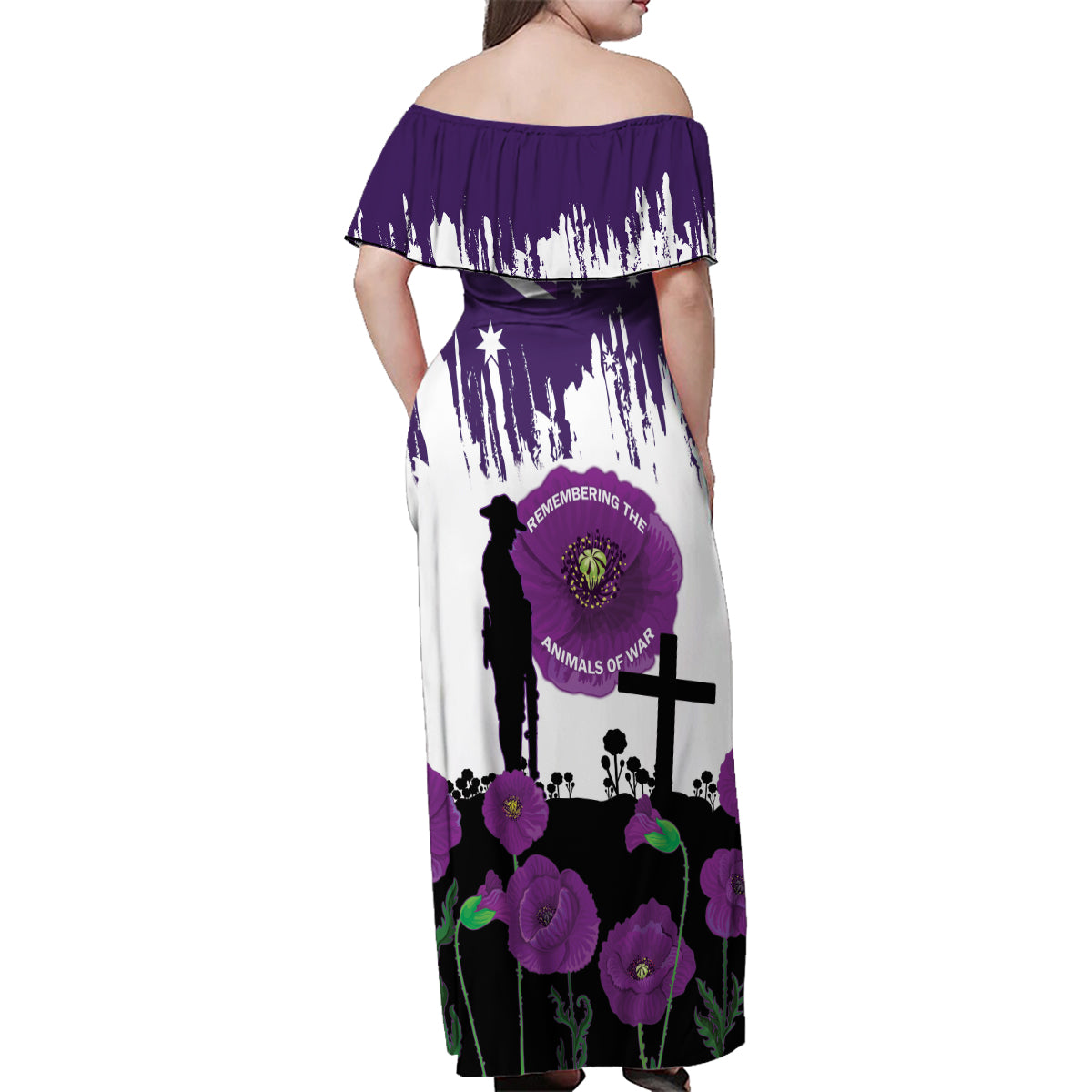Australia Animal Heroes ANZAC Family Matching Off Shoulder Maxi Dress and Hawaiian Shirt Purple Poppy We Will Remember Them