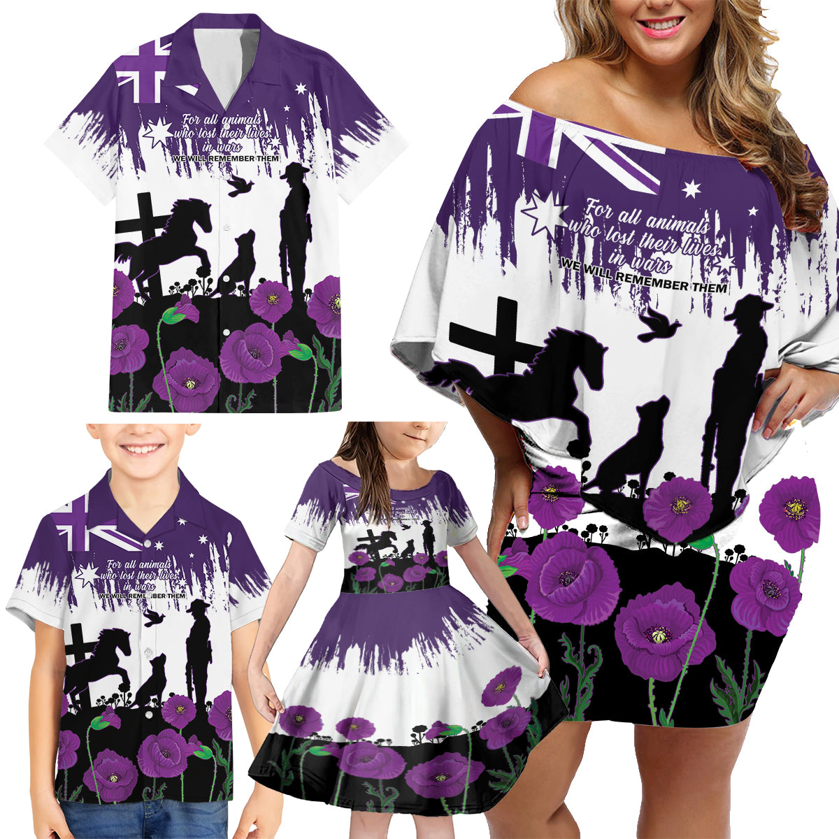 Australia Animal Heroes ANZAC Family Matching Off Shoulder Short Dress and Hawaiian Shirt Purple Poppy We Will Remember Them