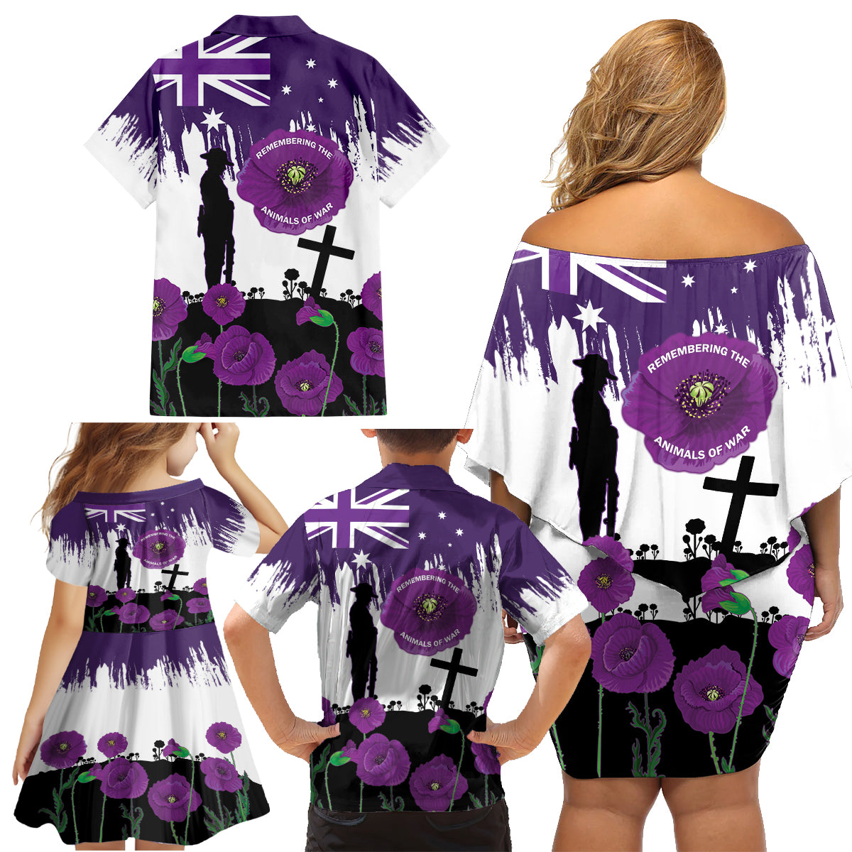 Australia Animal Heroes ANZAC Family Matching Off Shoulder Short Dress and Hawaiian Shirt Purple Poppy We Will Remember Them