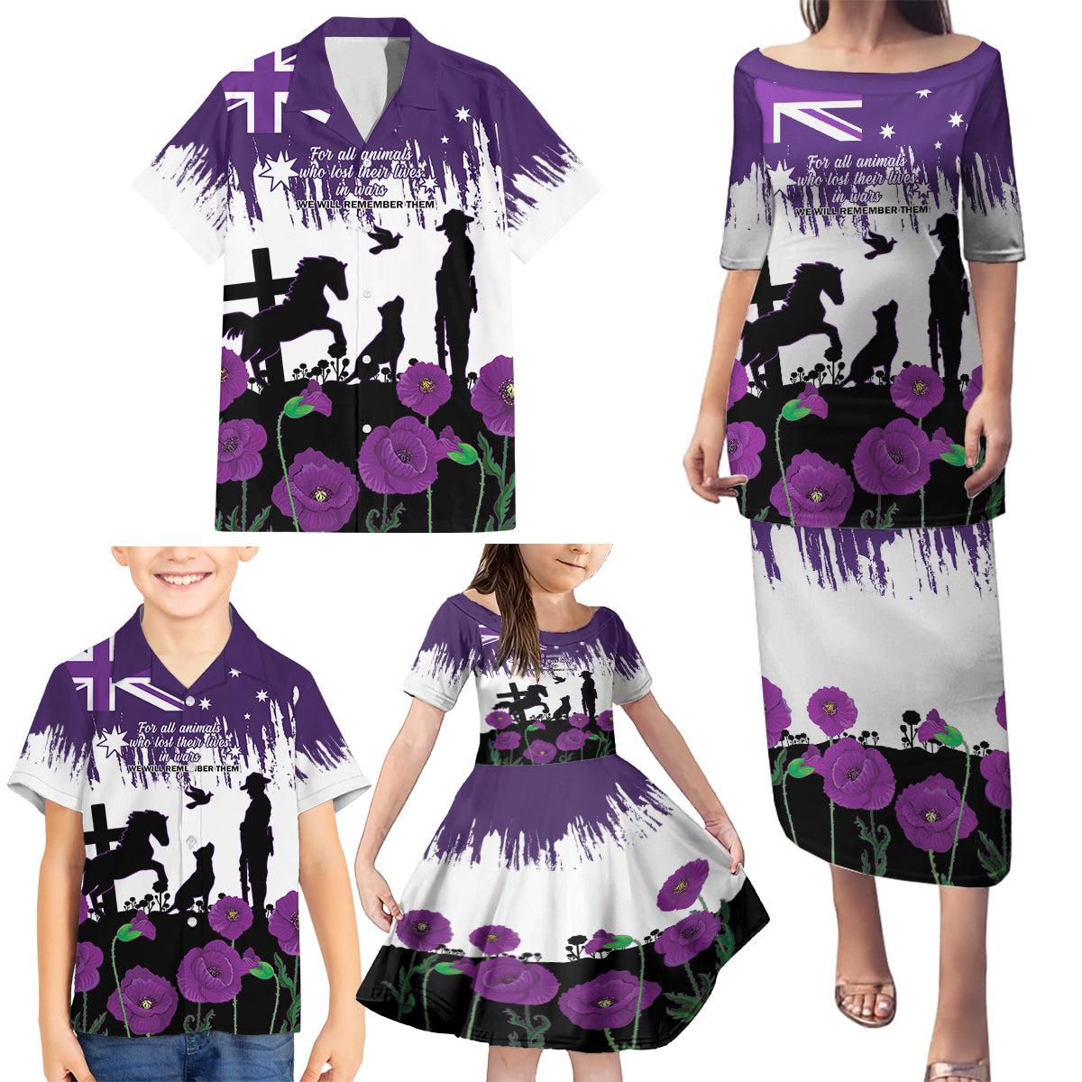 Australia Animal Heroes ANZAC Family Matching Puletasi and Hawaiian Shirt Purple Poppy We Will Remember Them