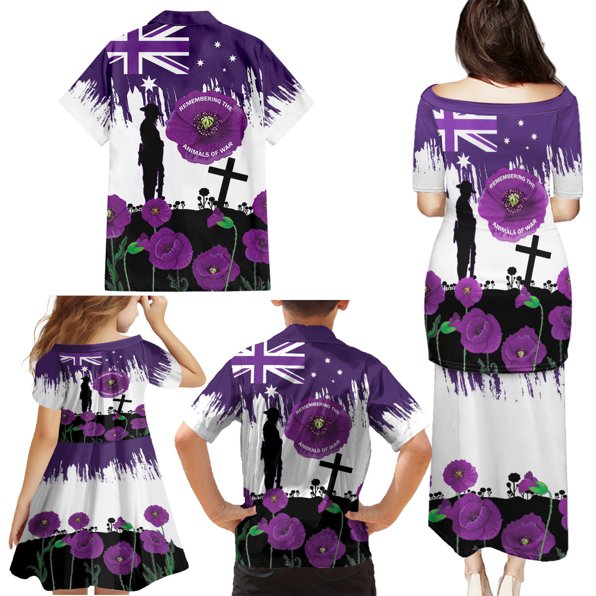 Australia Animal Heroes ANZAC Family Matching Puletasi and Hawaiian Shirt Purple Poppy We Will Remember Them