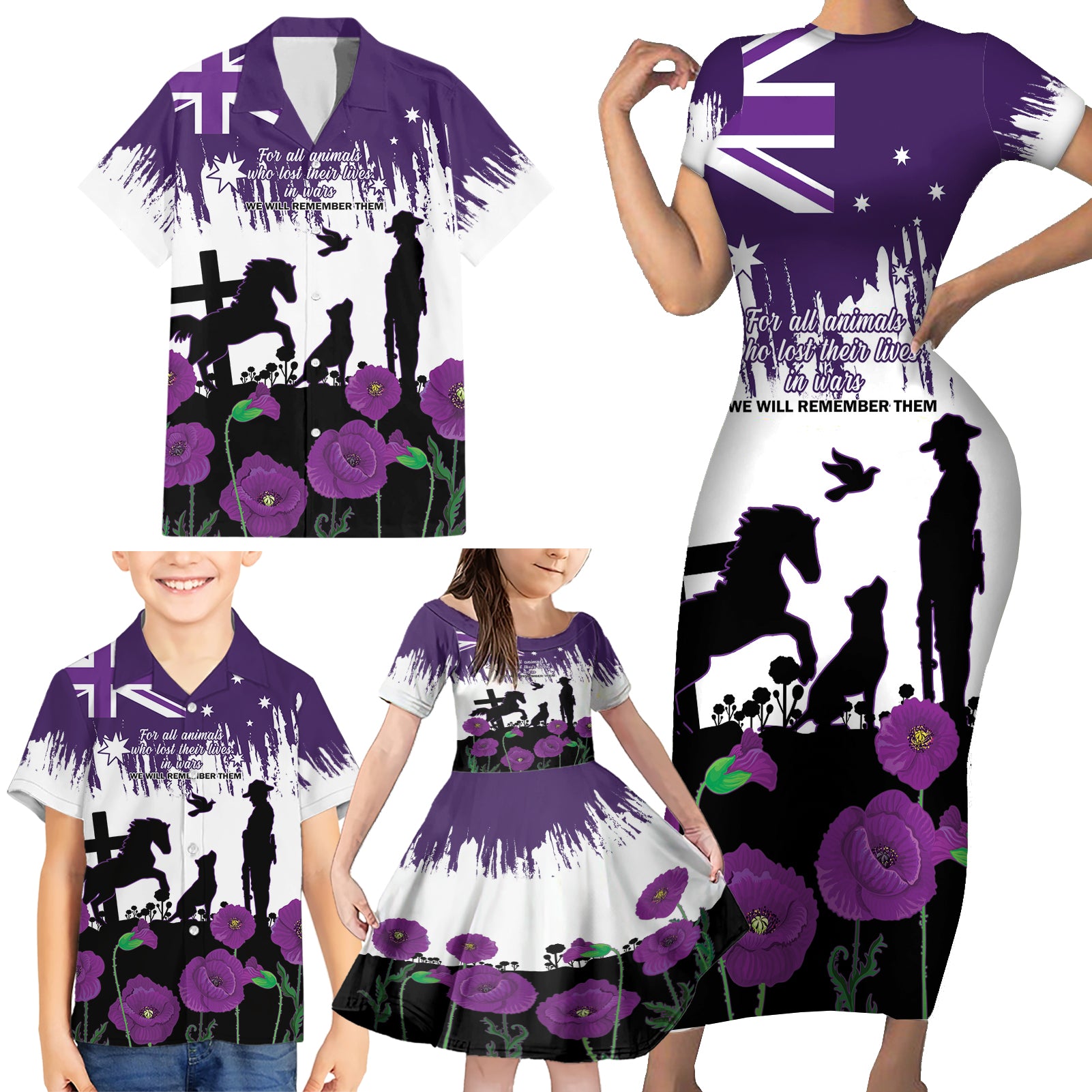 Australia Animal Heroes ANZAC Family Matching Short Sleeve Bodycon Dress and Hawaiian Shirt Purple Poppy We Will Remember Them