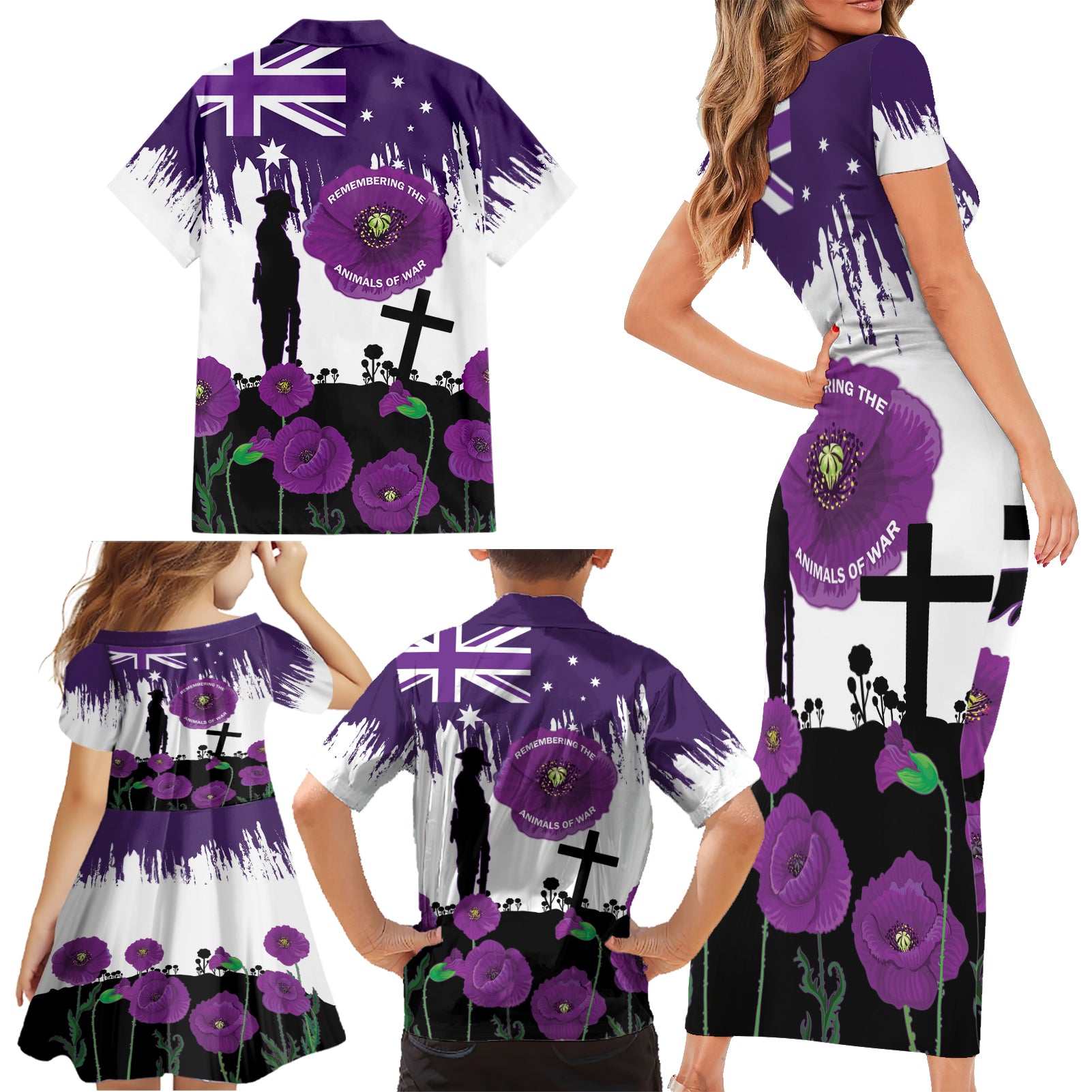 Australia Animal Heroes ANZAC Family Matching Short Sleeve Bodycon Dress and Hawaiian Shirt Purple Poppy We Will Remember Them