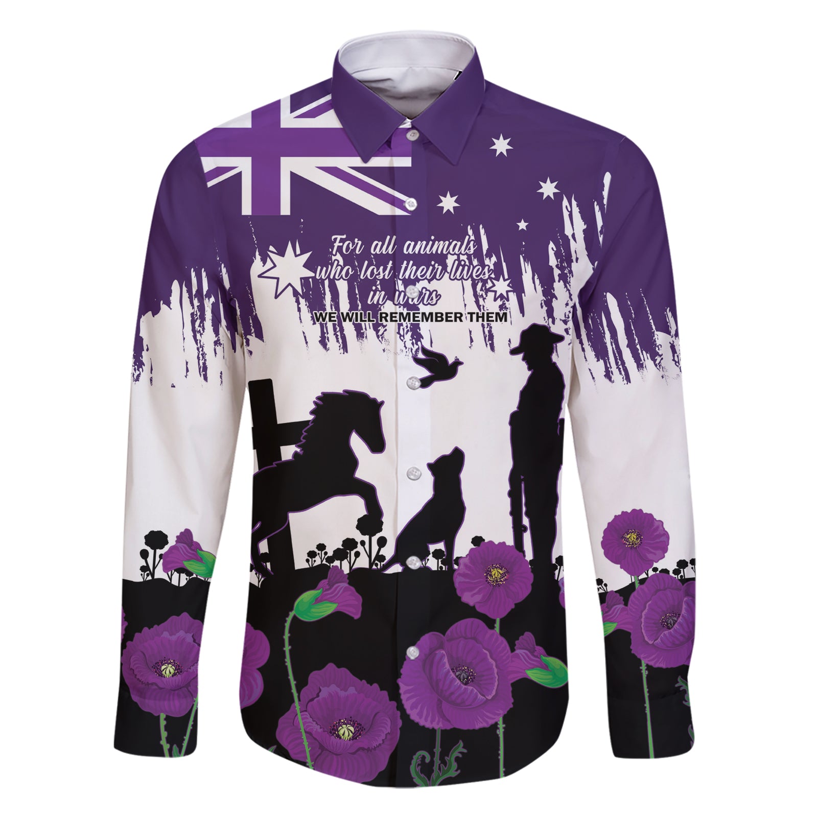 Australia Animal Heroes ANZAC Family Matching Short Sleeve Bodycon Dress and Hawaiian Shirt Purple Poppy We Will Remember Them