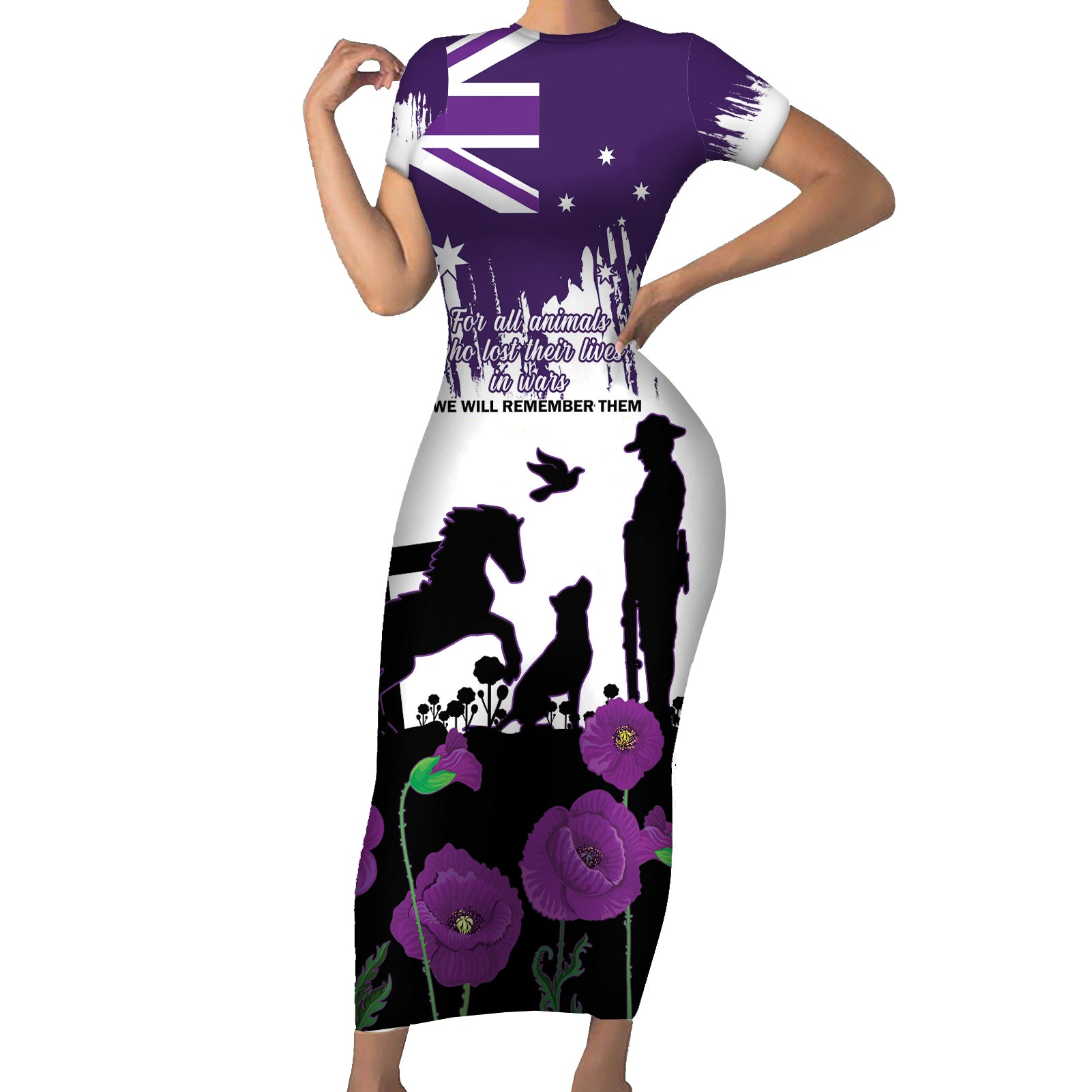 Australia Animal Heroes ANZAC Family Matching Short Sleeve Bodycon Dress and Hawaiian Shirt Purple Poppy We Will Remember Them