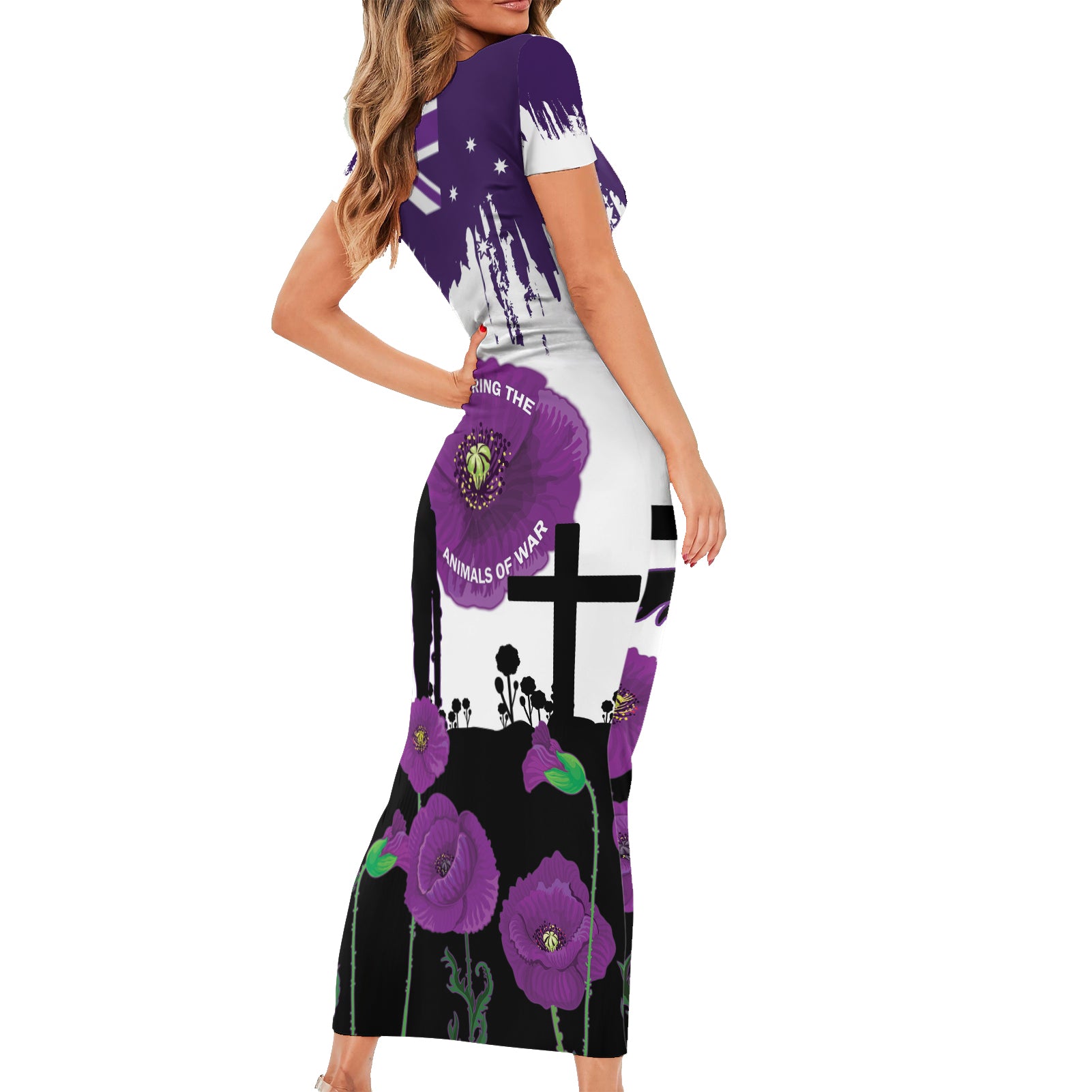 Australia Animal Heroes ANZAC Family Matching Short Sleeve Bodycon Dress and Hawaiian Shirt Purple Poppy We Will Remember Them