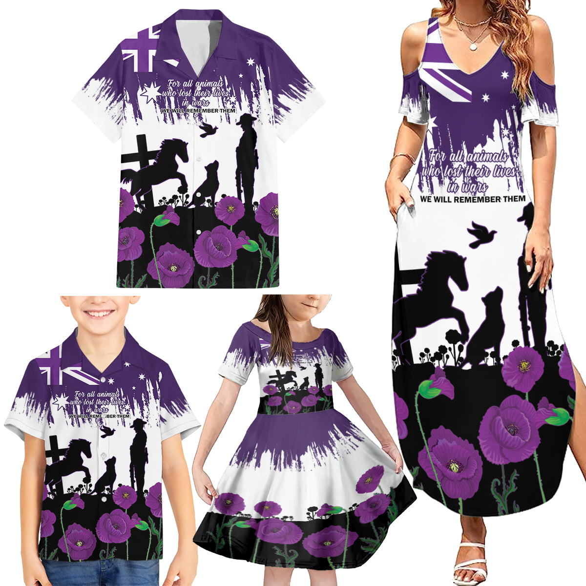 Australia Animal Heroes ANZAC Family Matching Summer Maxi Dress and Hawaiian Shirt Purple Poppy We Will Remember Them